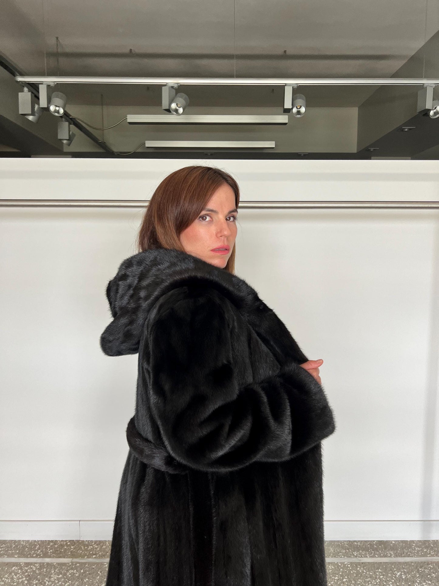 Handmade Black Mink Fur Coat: Hooded Godet Style, Belted