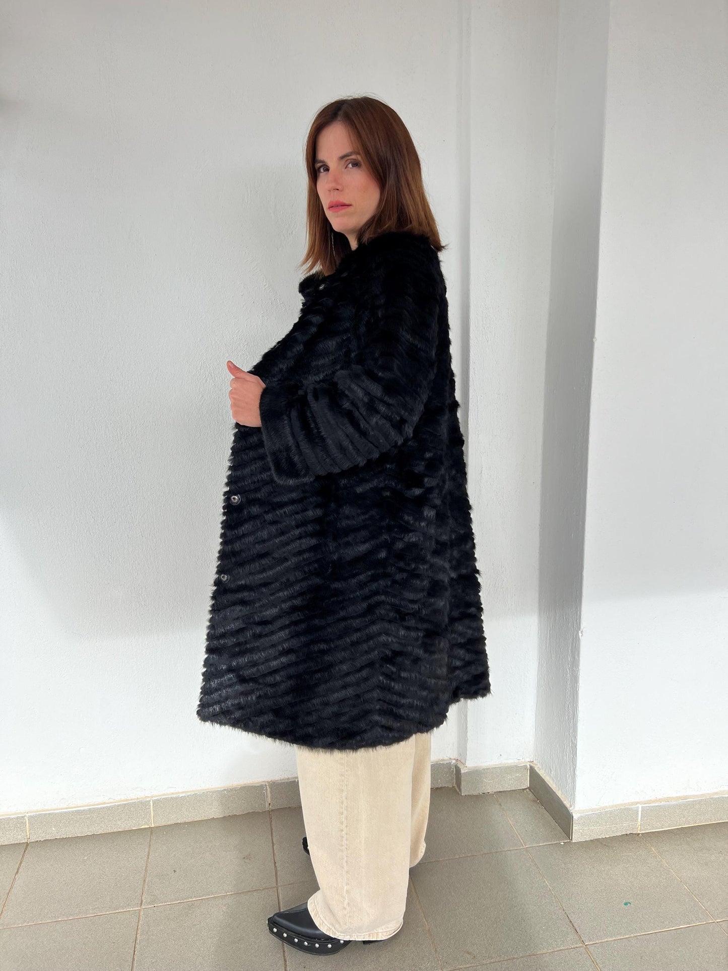 Handwoven Black Mink Fur Coat - Wool Lined Jacket