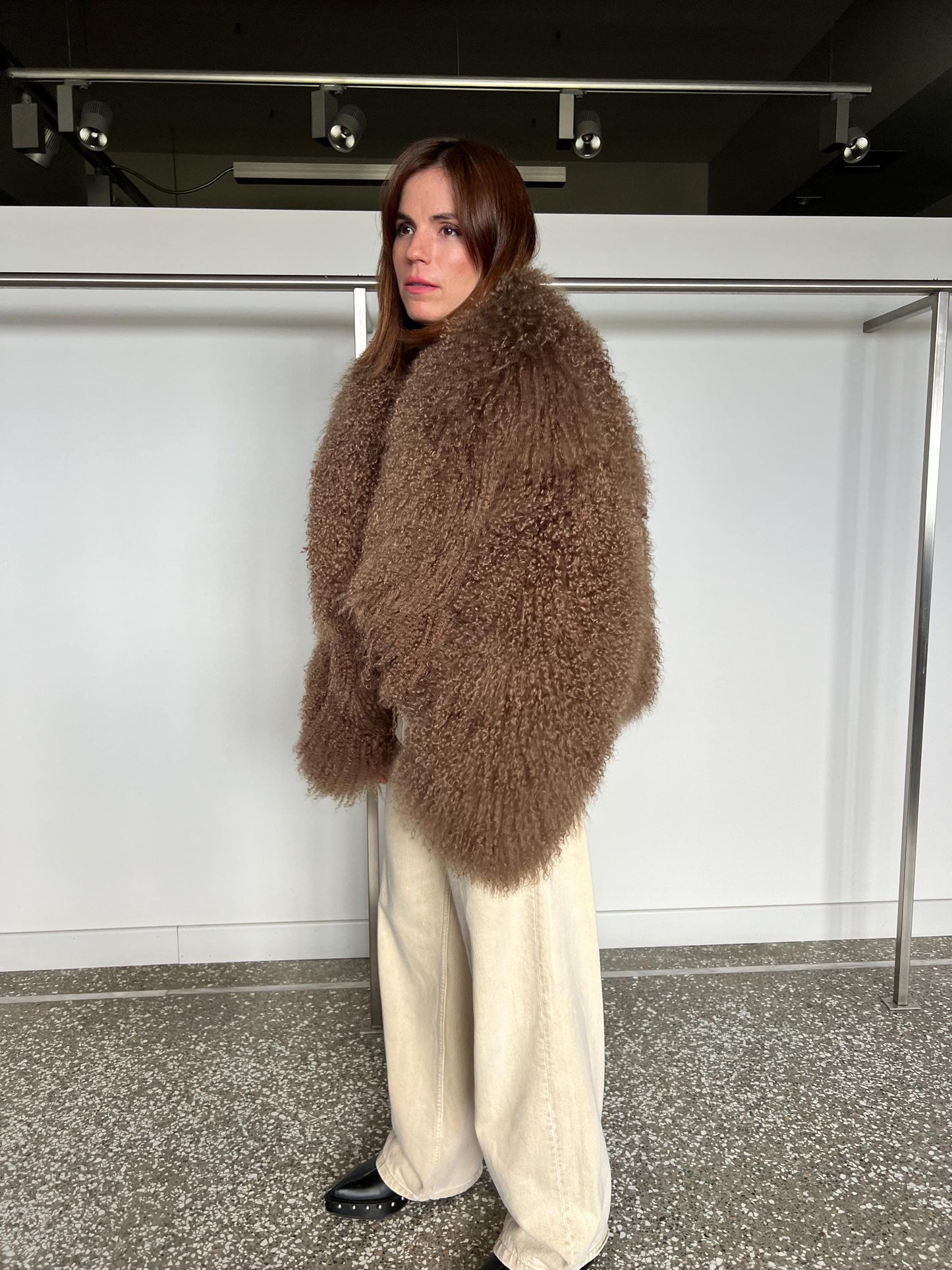 Handmade Chocolate Mongolian Lamb Fur Jacket - Pastel Brown Clip Closure