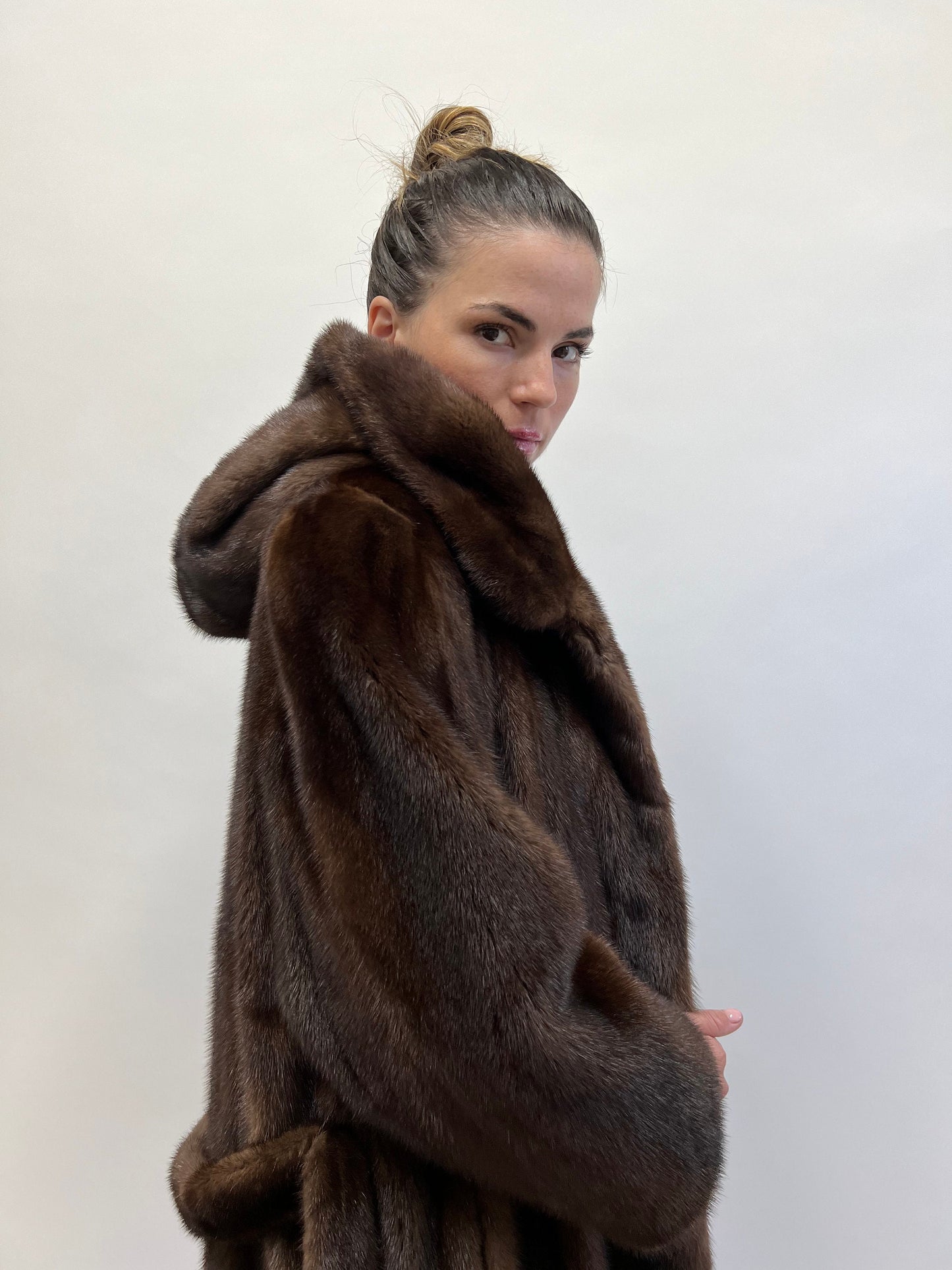 Brown Mink Fur Hooded Coat: Demi Buff Long Stroller, Belted