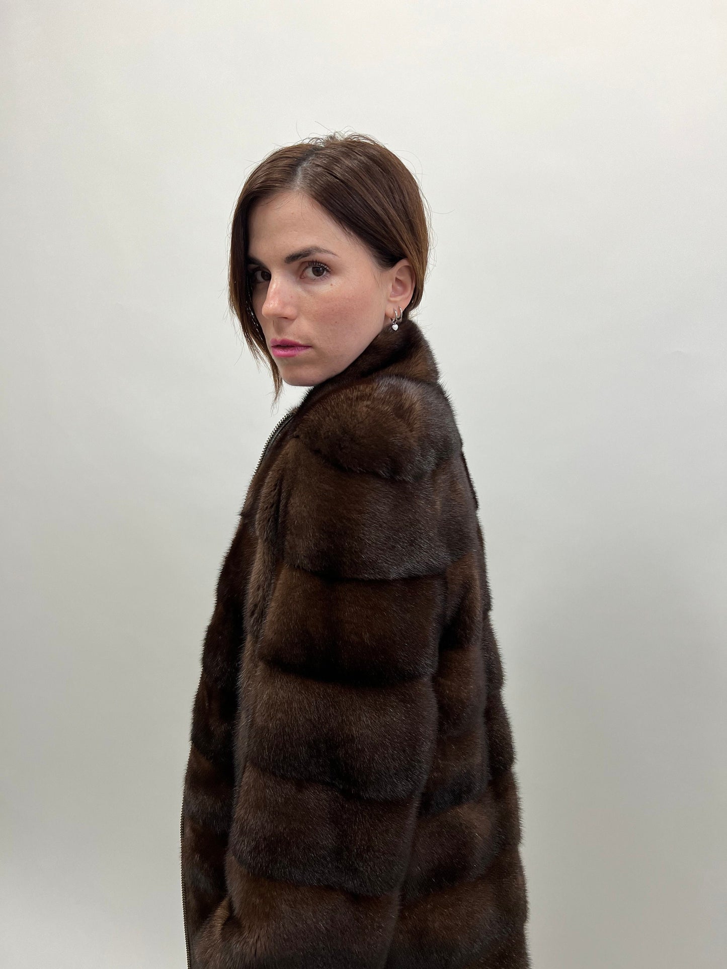 Brown Mink Fur Coat: Saga Male Pelts, Zipped Modern Design