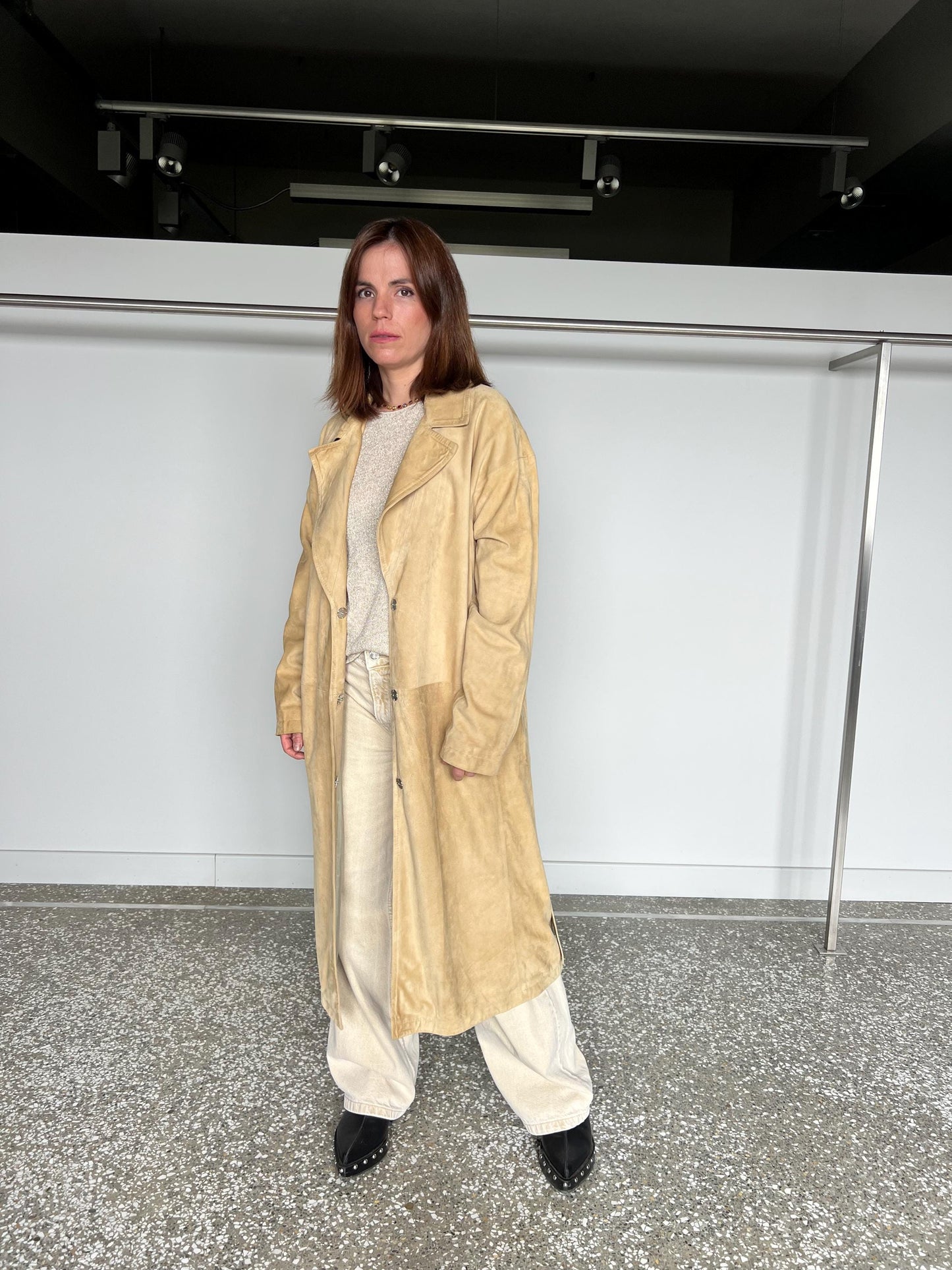 Handmade Beige Suede Leather Coat: Distressed Genuine Leather, Size Large