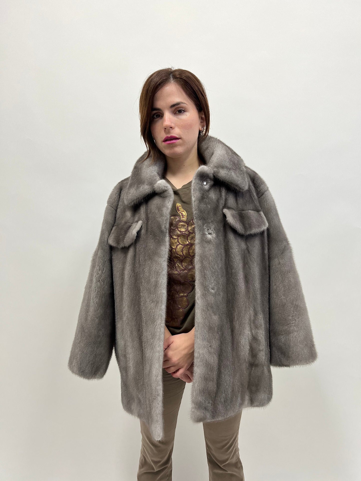 Blue Iris Mink Fur Over-Shirt Coat: Boxy Style, Pockets