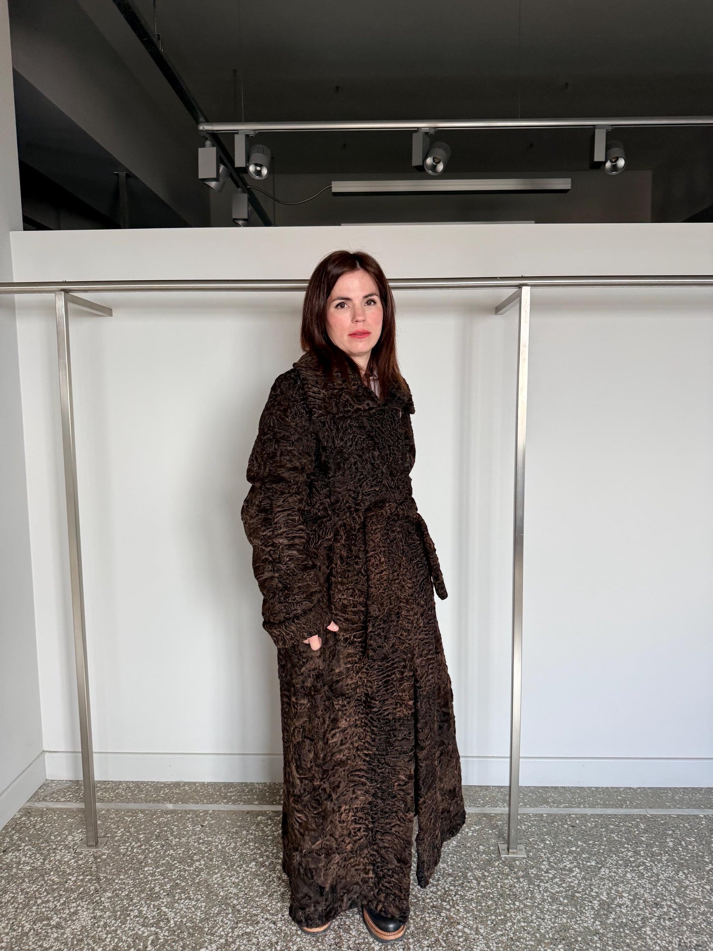 Handmade Brown Swakara Curly Fur Coat with Tie Belt – Extremely Warm Sheepskin Coat
