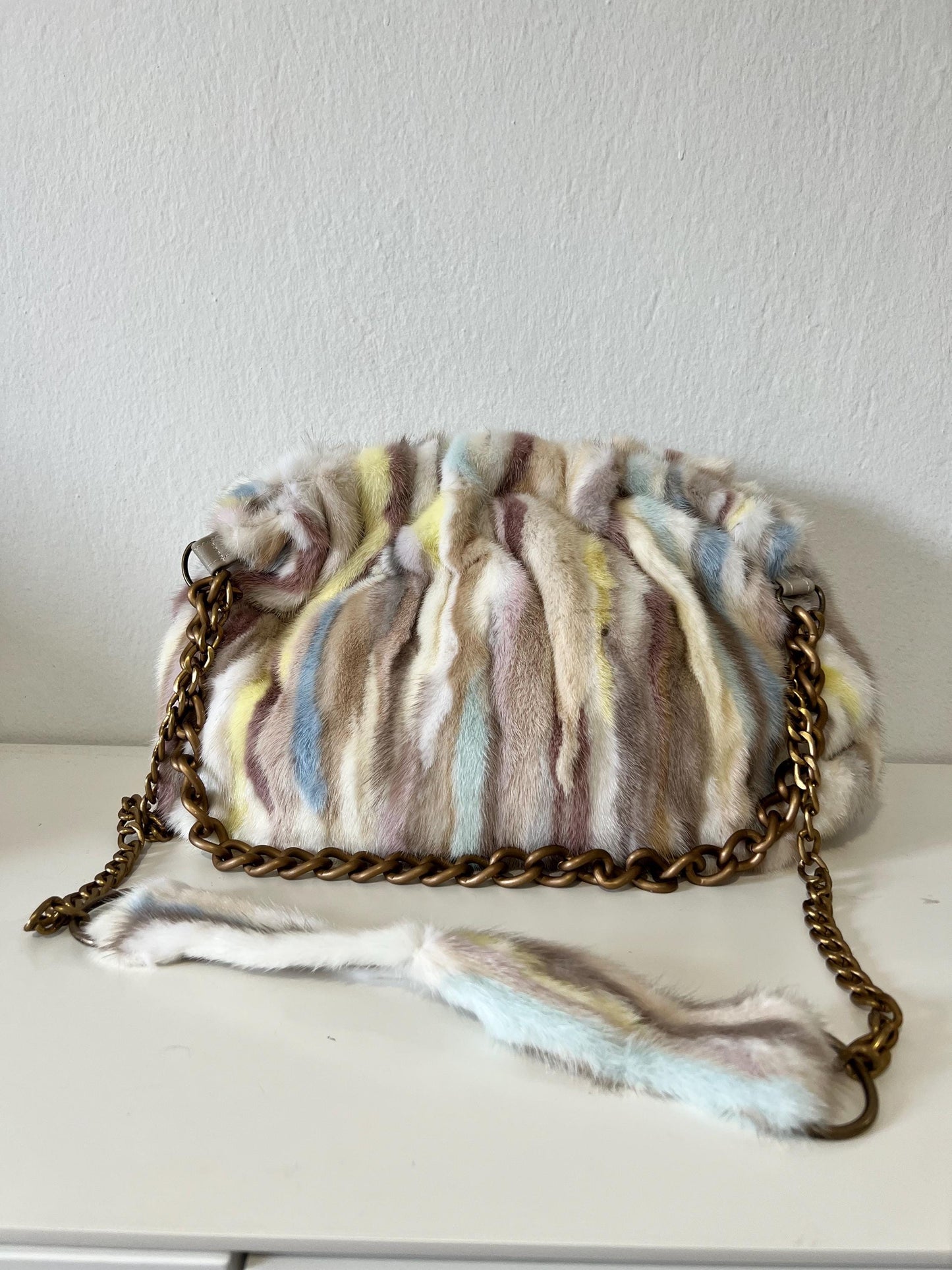 Multicolor Mink Fur Pouch Bag: Slouchy Shoulder Bag with Bronze Straps