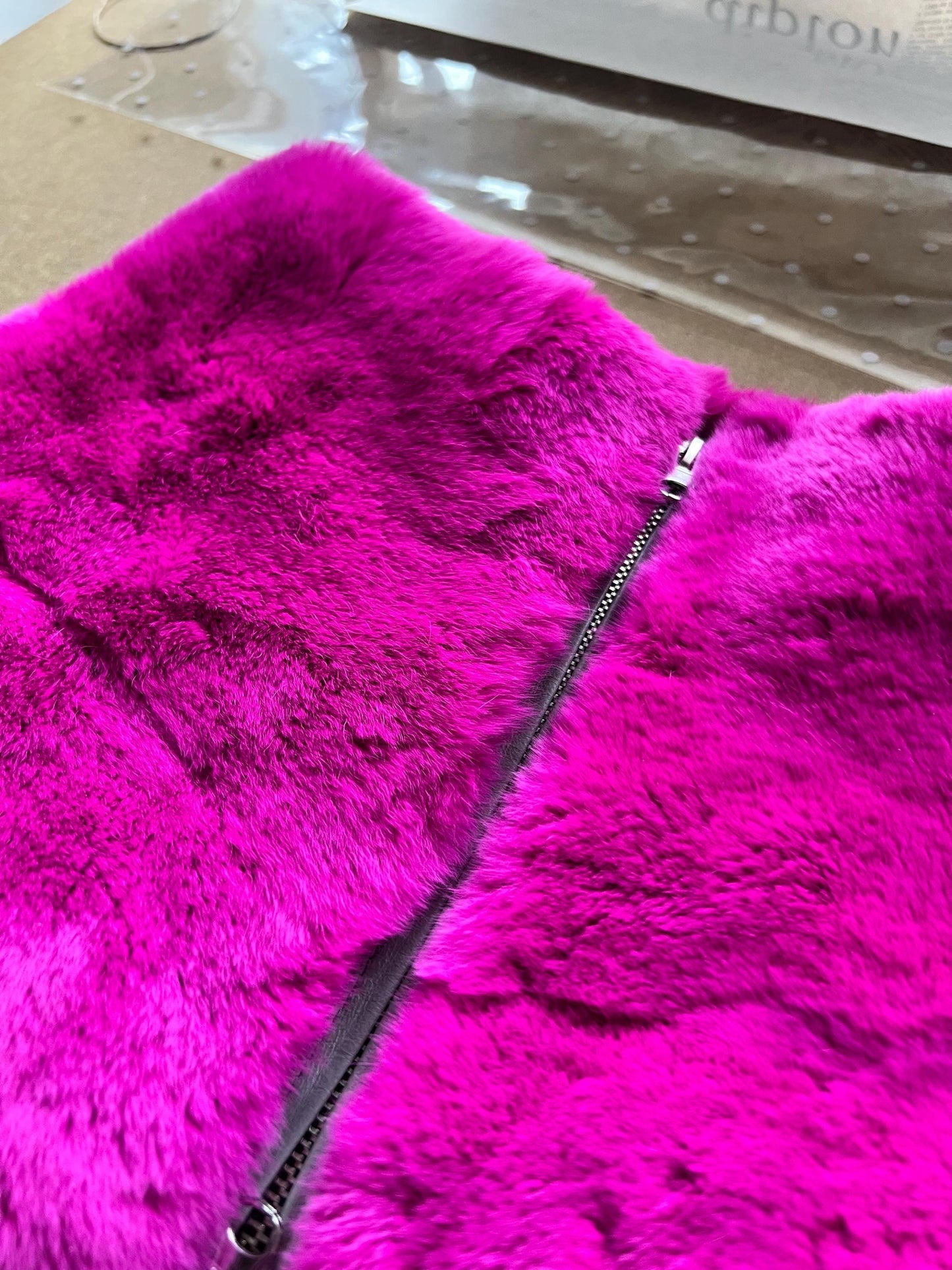 Fuchsia Rex Rabbit Fur Cowl: Leather Detail Infinity Scarf