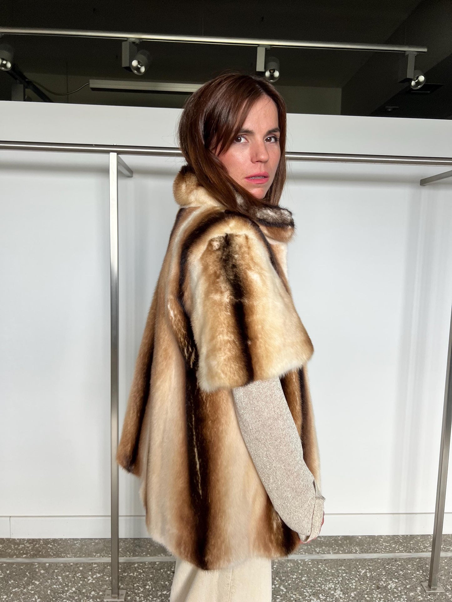 Handmade Beige Mink Fur Jacket with Removable Sleeves