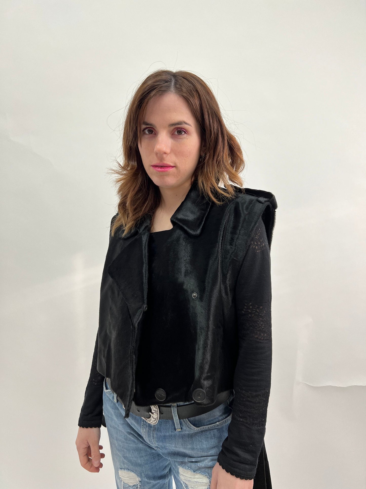 Hair-On Hide Leather Vest: Genuine Cavallino Fur, Belted Utility Vest