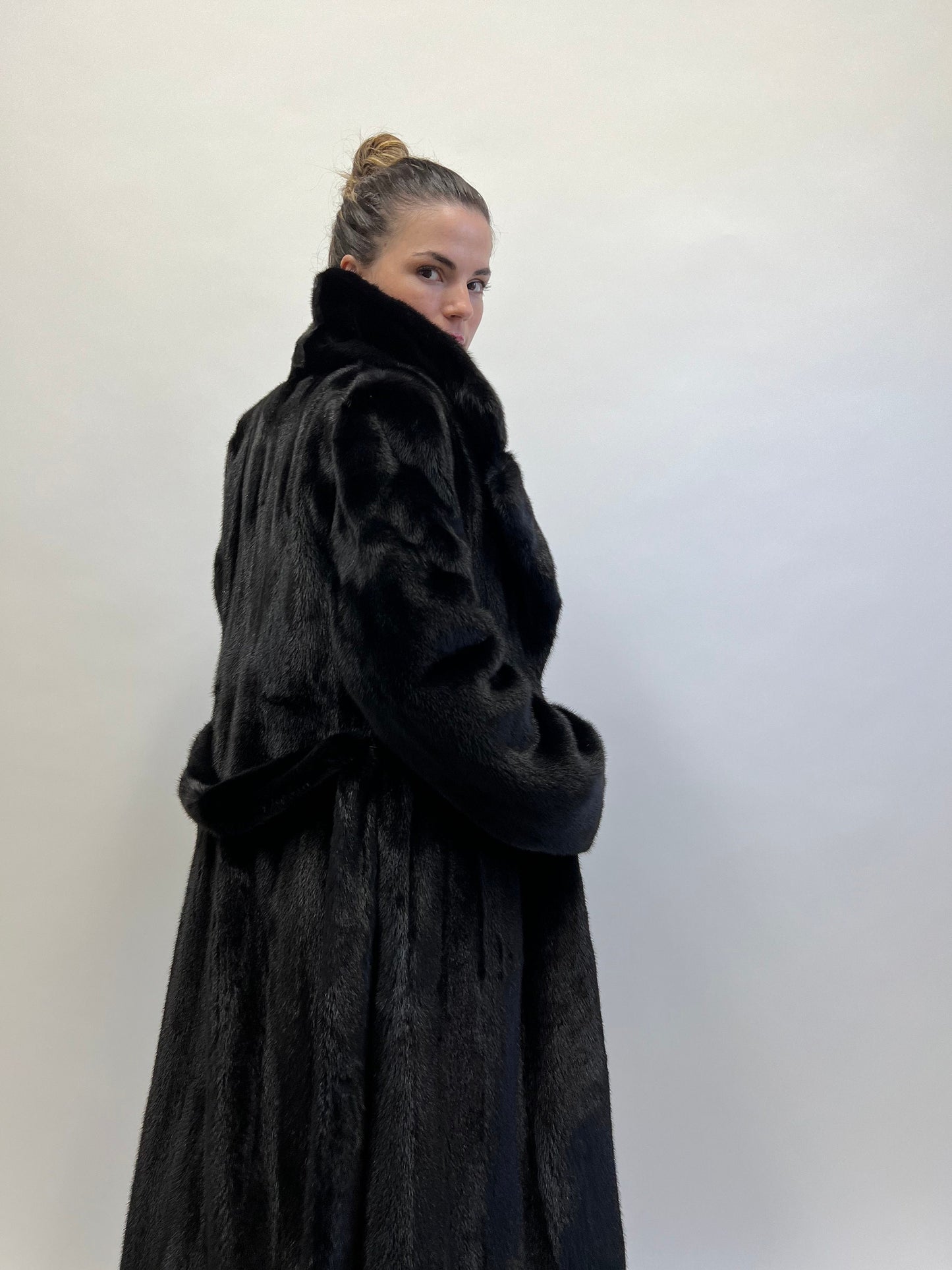 Handmade Black Mink Fur Long Coat: Belted Luxury Outerwear