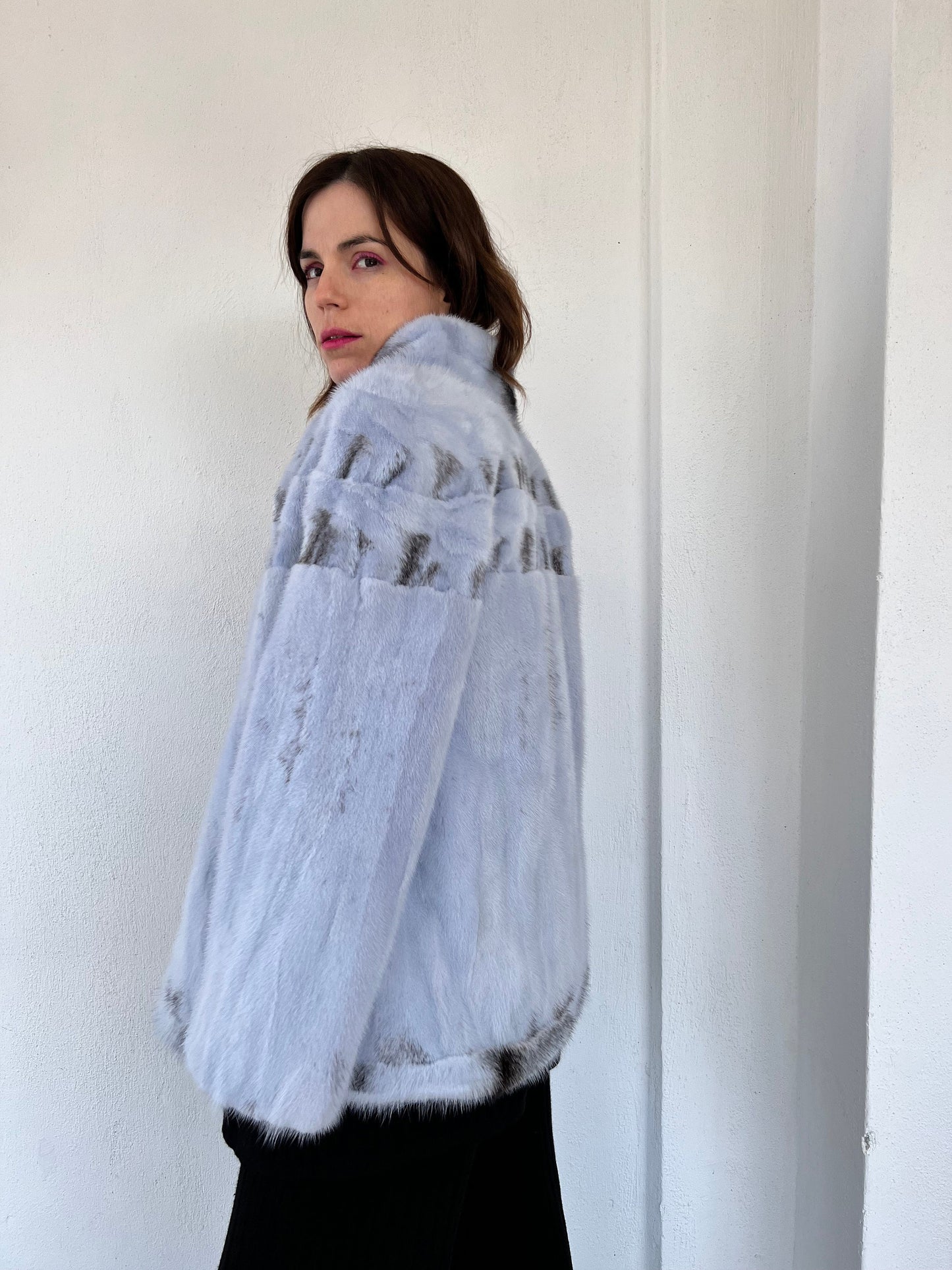 Baby Blue Mink Fur Jacket - High Collar, Handmade in Greece