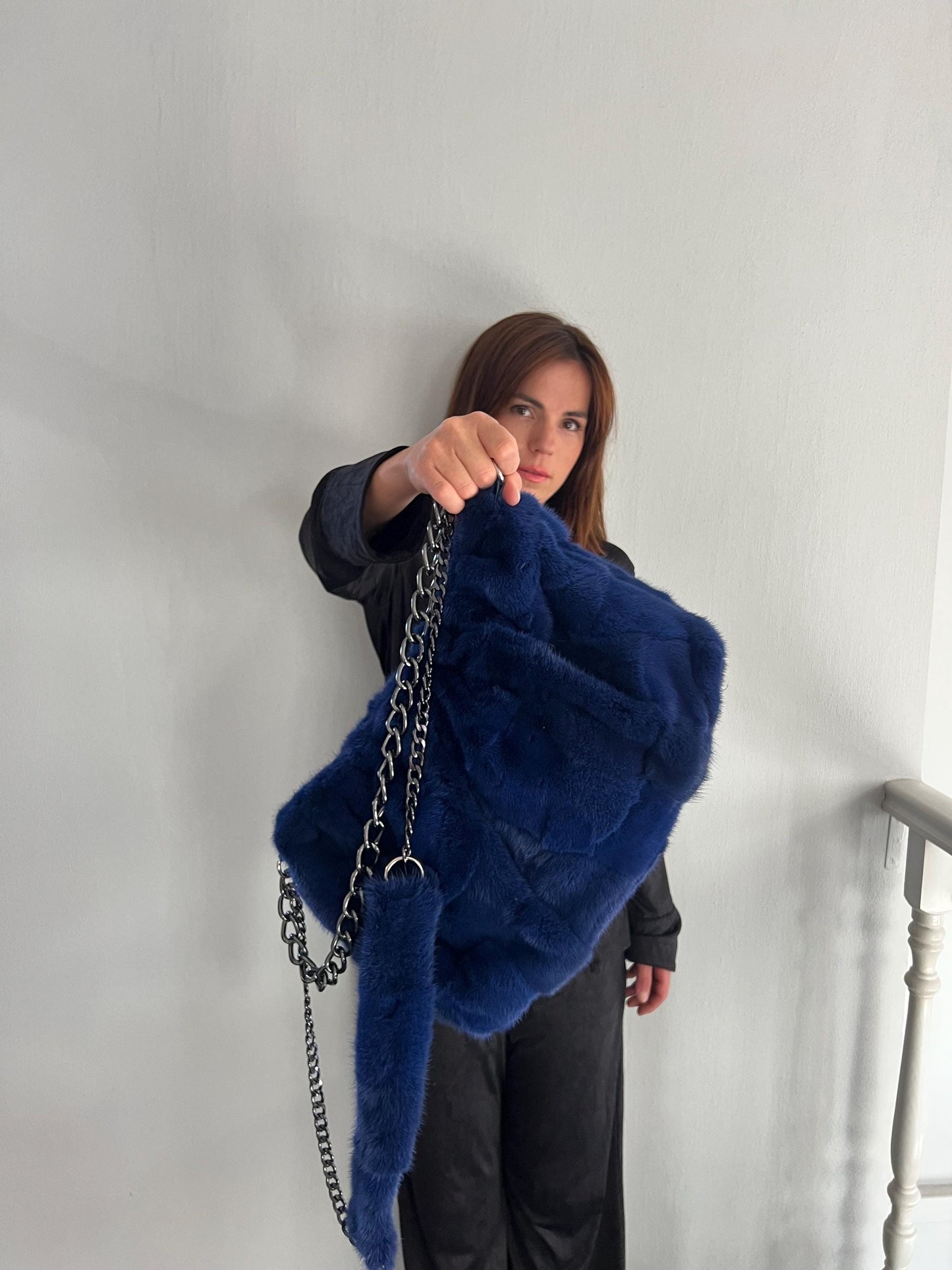 Navy Mink Fur Slouch Bag: Handmade grey Strap Crossbody