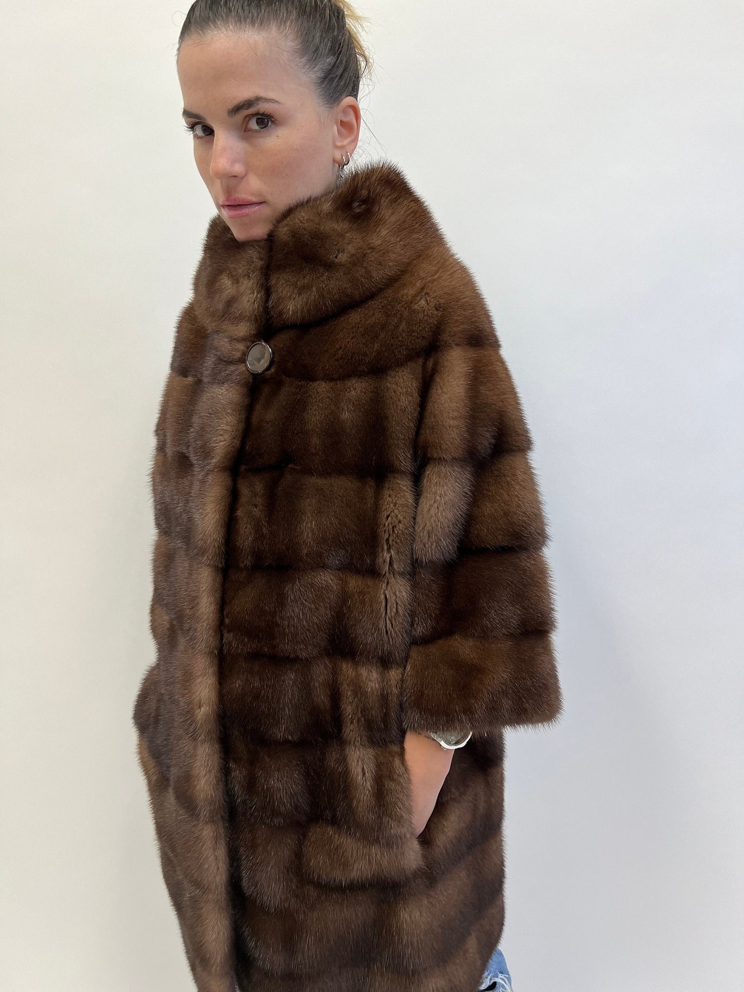 Brown Mink Fur Coat: Horizontal Design, Luxury Jacket