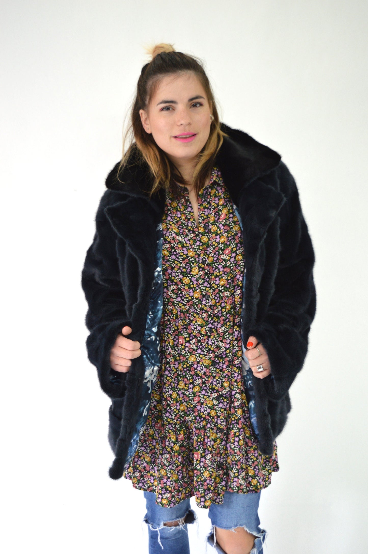 Navy Blue Mink Fur Stroller Coat: Black Collar, Luxury Gift