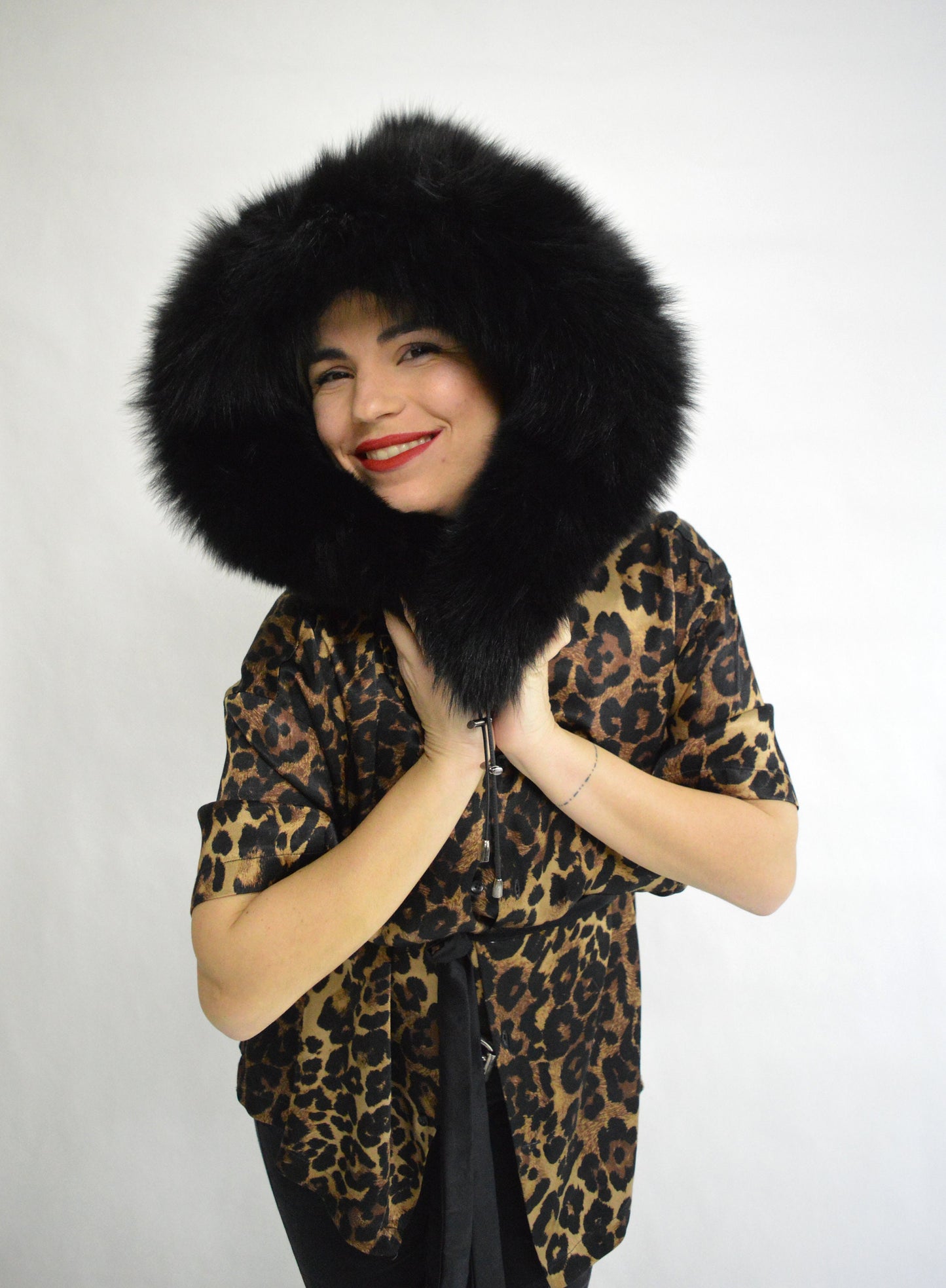 Black Fox Fur Hood: Fluffy Winter Hood with Drawstring