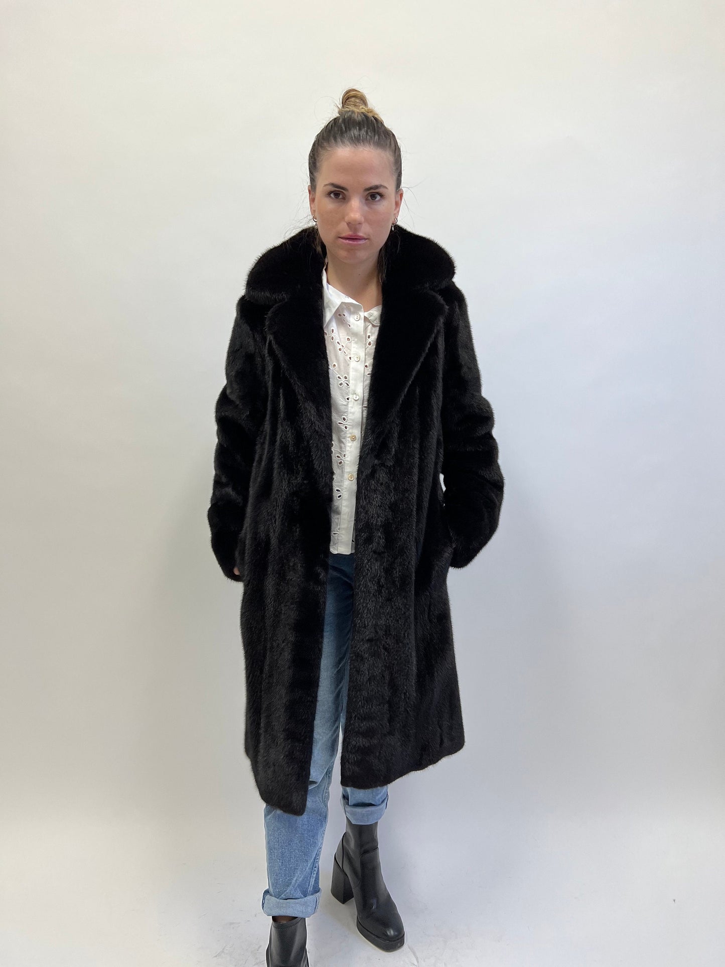 Black Velvet Mink Fur Coat: Luxury Stand Up Collar, XS/S