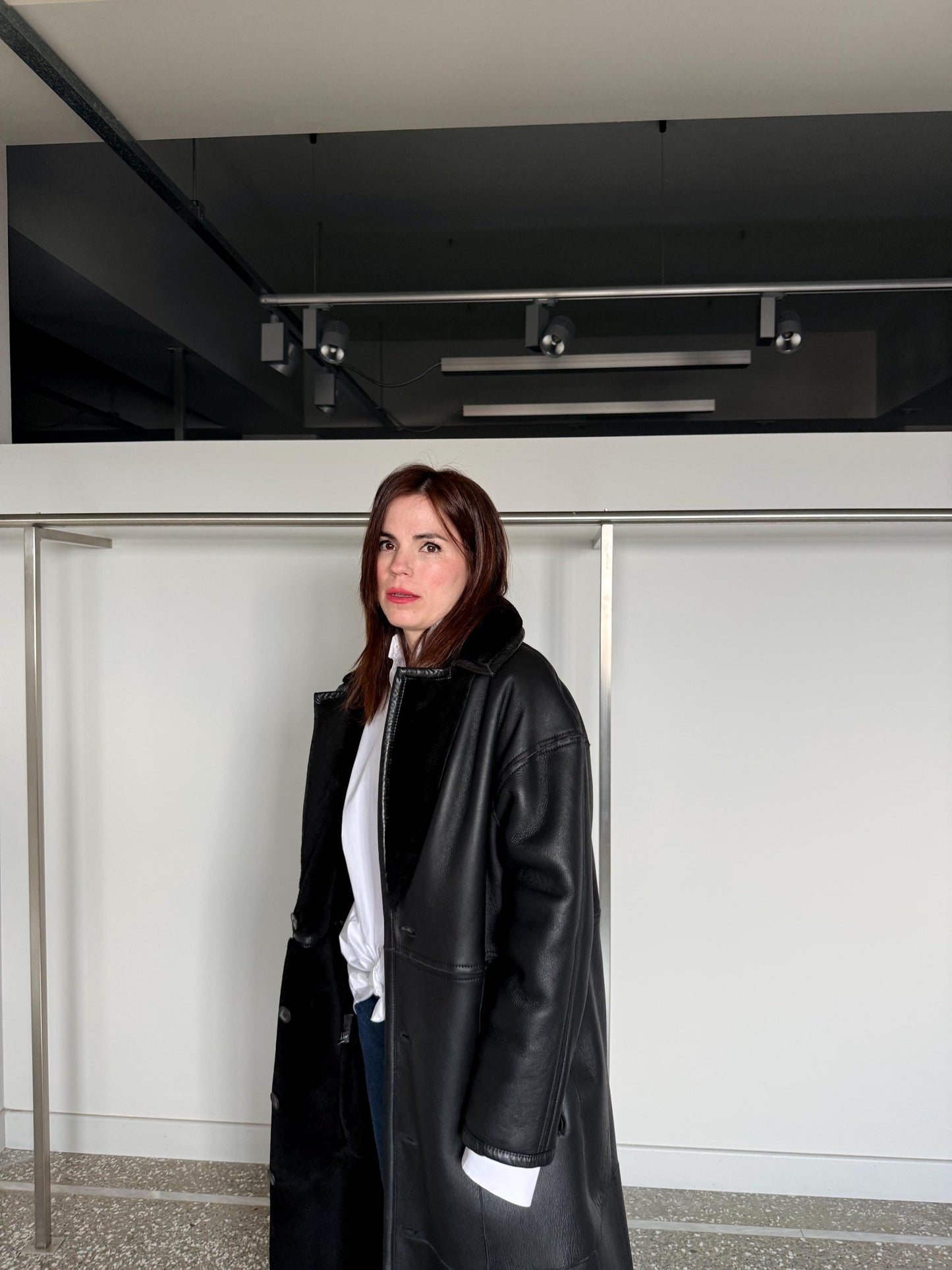 Reversible Black Shearling Fur coat :Extremely warm Sheepskin long Coat with genuine leather.