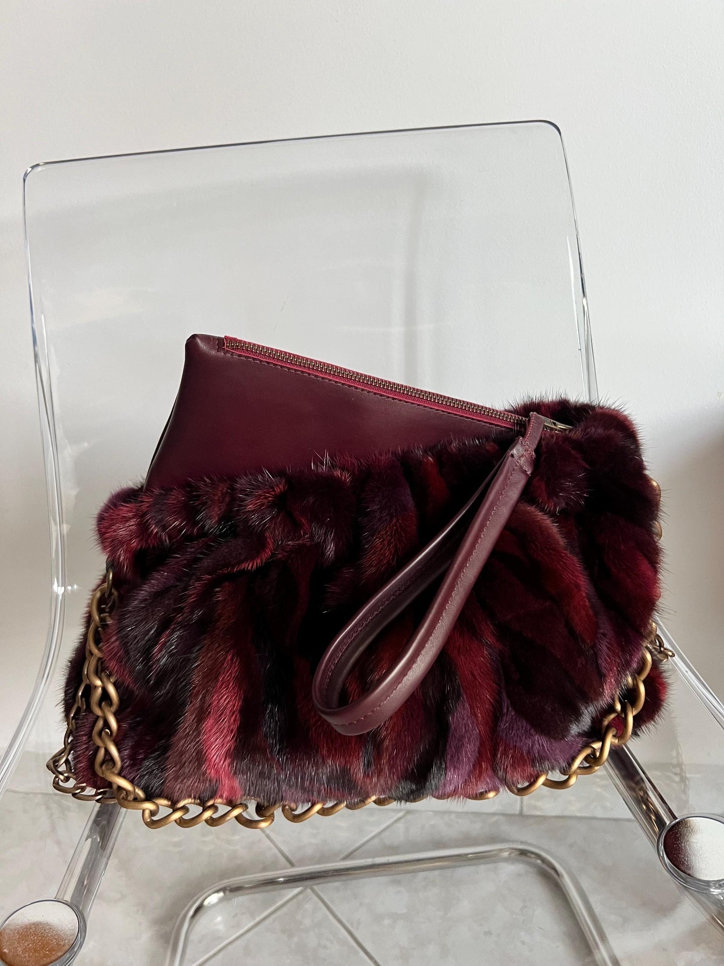 Handmade Mink Fur Slouchy Shoulder Bagin Burgundy : Luxury Cross-body Purse in army shades.