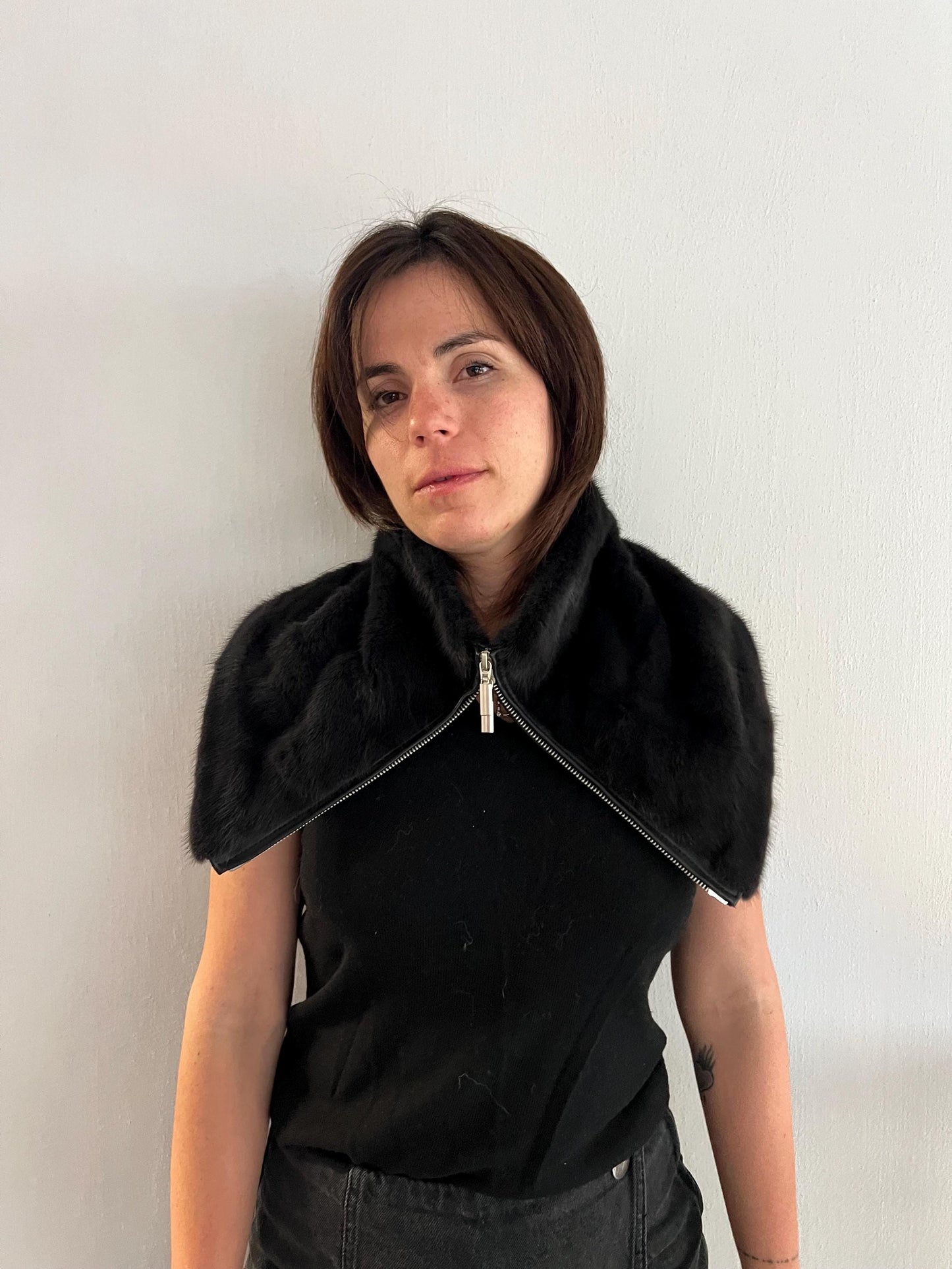 BLACK Mink Fur Cowl: Zipped dark grey Leather Detail Infinity Scarf