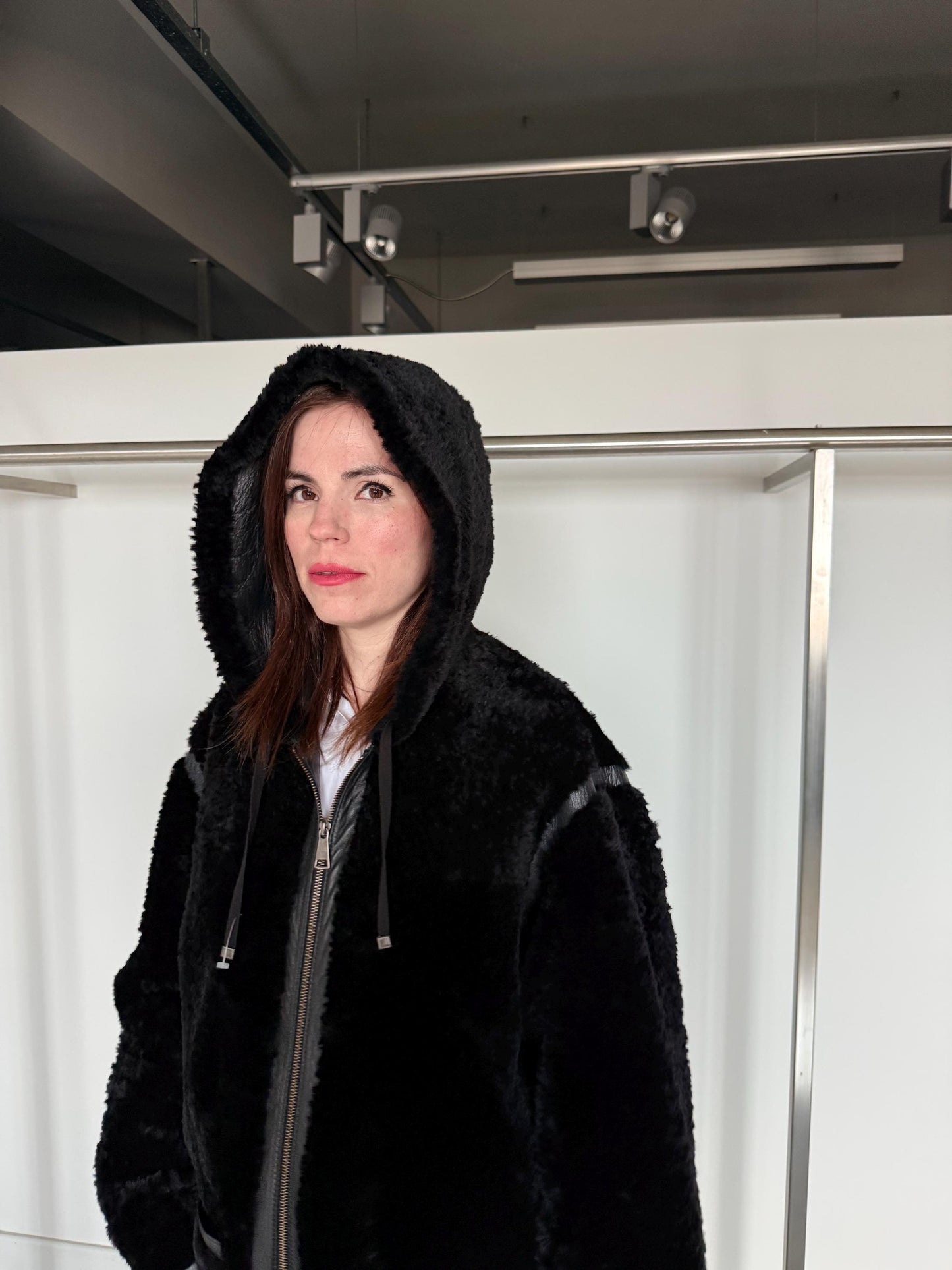 Handmade hooded merino shearling . Black leather sheepskin coat: Super warm and soft Sheepskin stroller wit zip closure.
