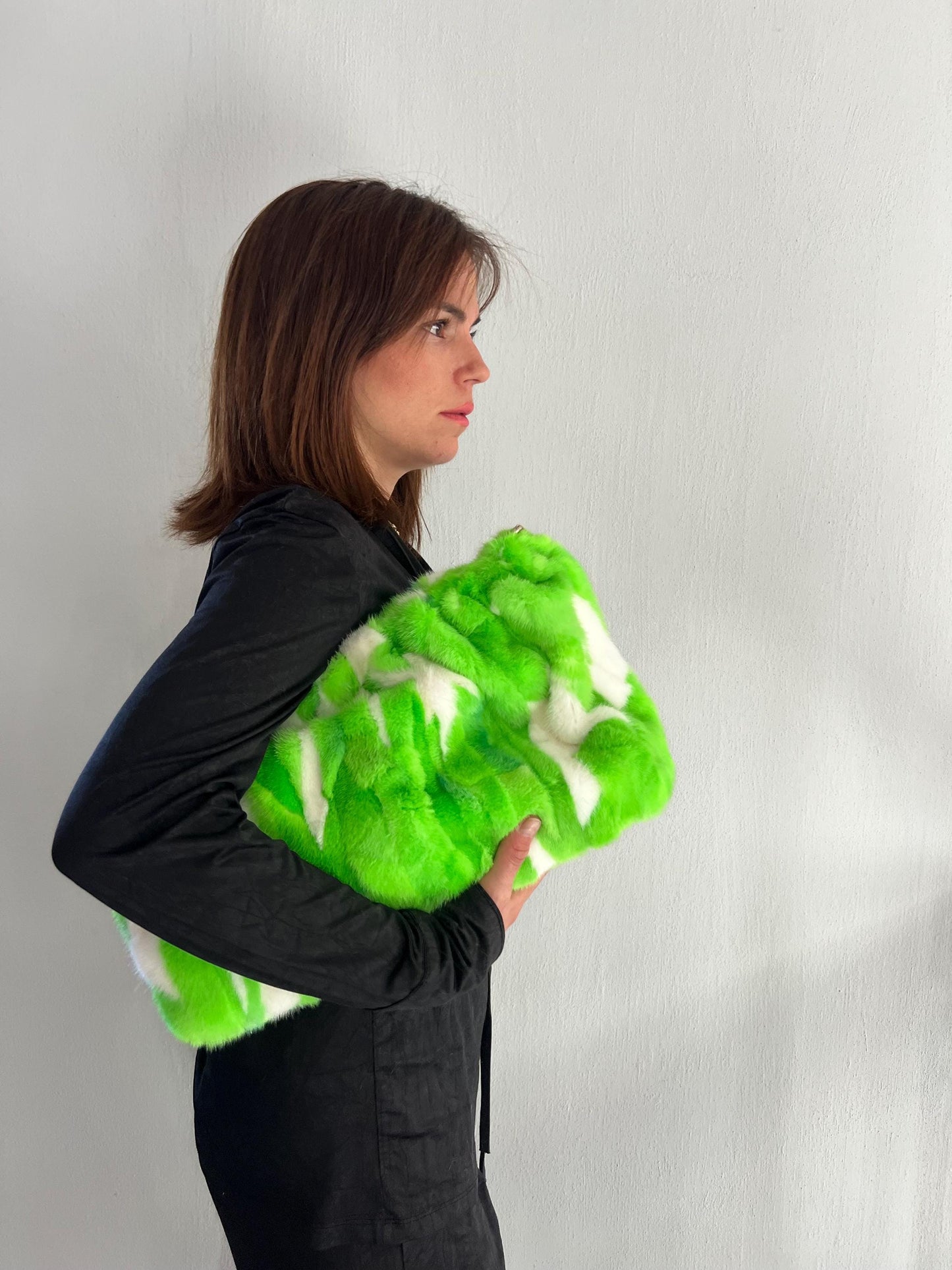 Handmade Mink Fur Shoulder Bag: Green & White Slouchy Crossbody