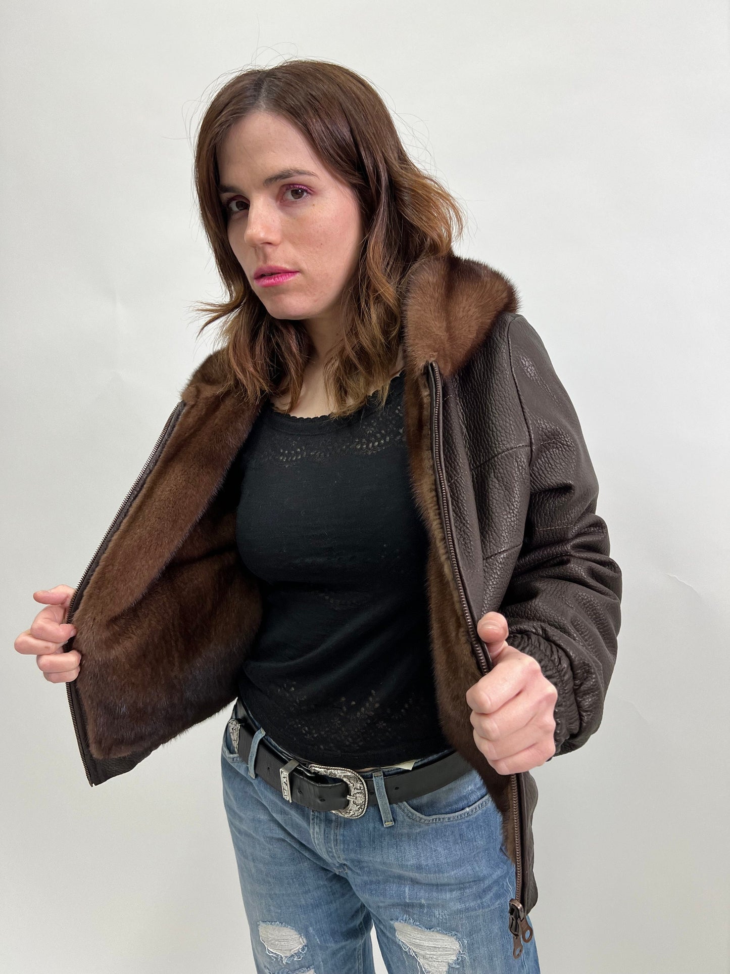 Reversible Brown Leather Mink Fur Hooded Bomber Jacket