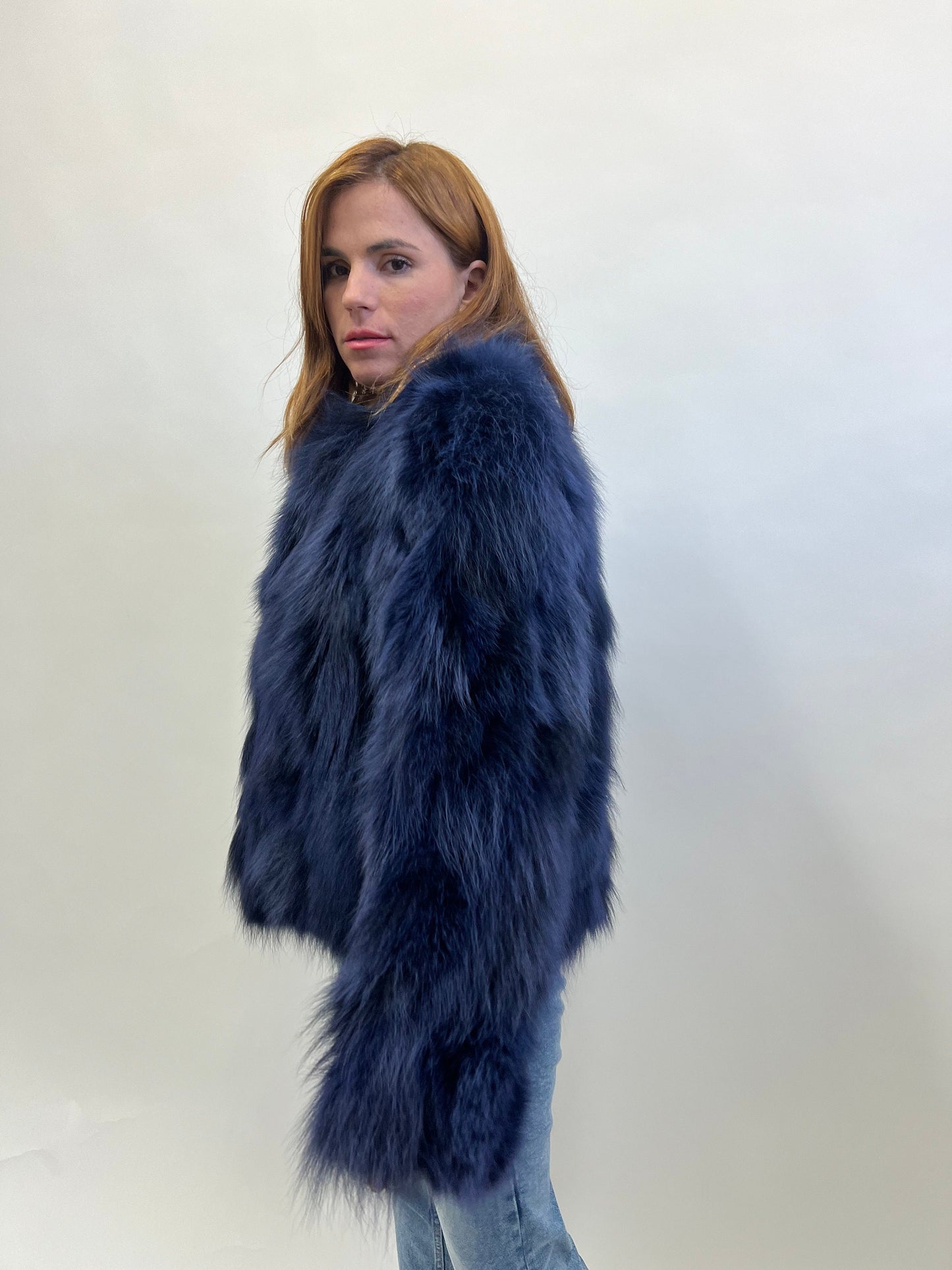 Real Denim Blue Fox Fur Jacket - Handmade Winter Coat