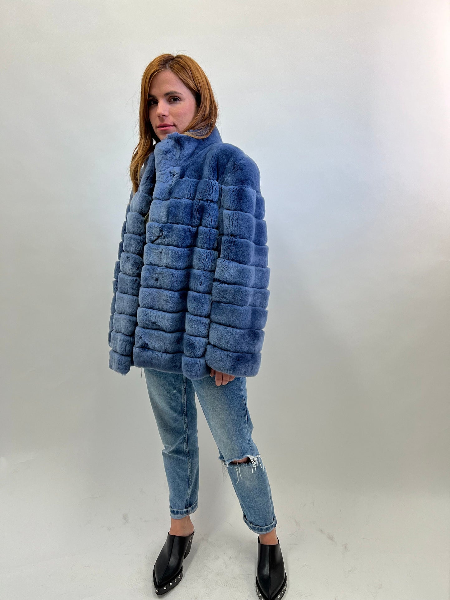 Plus Size Rex Rabbit Fur Jacket with Leather Trim