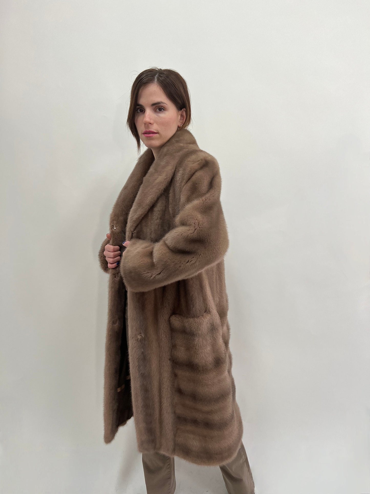 Cappuccino Mink Fur Long Coat, Saga Pelts, Plus Size L