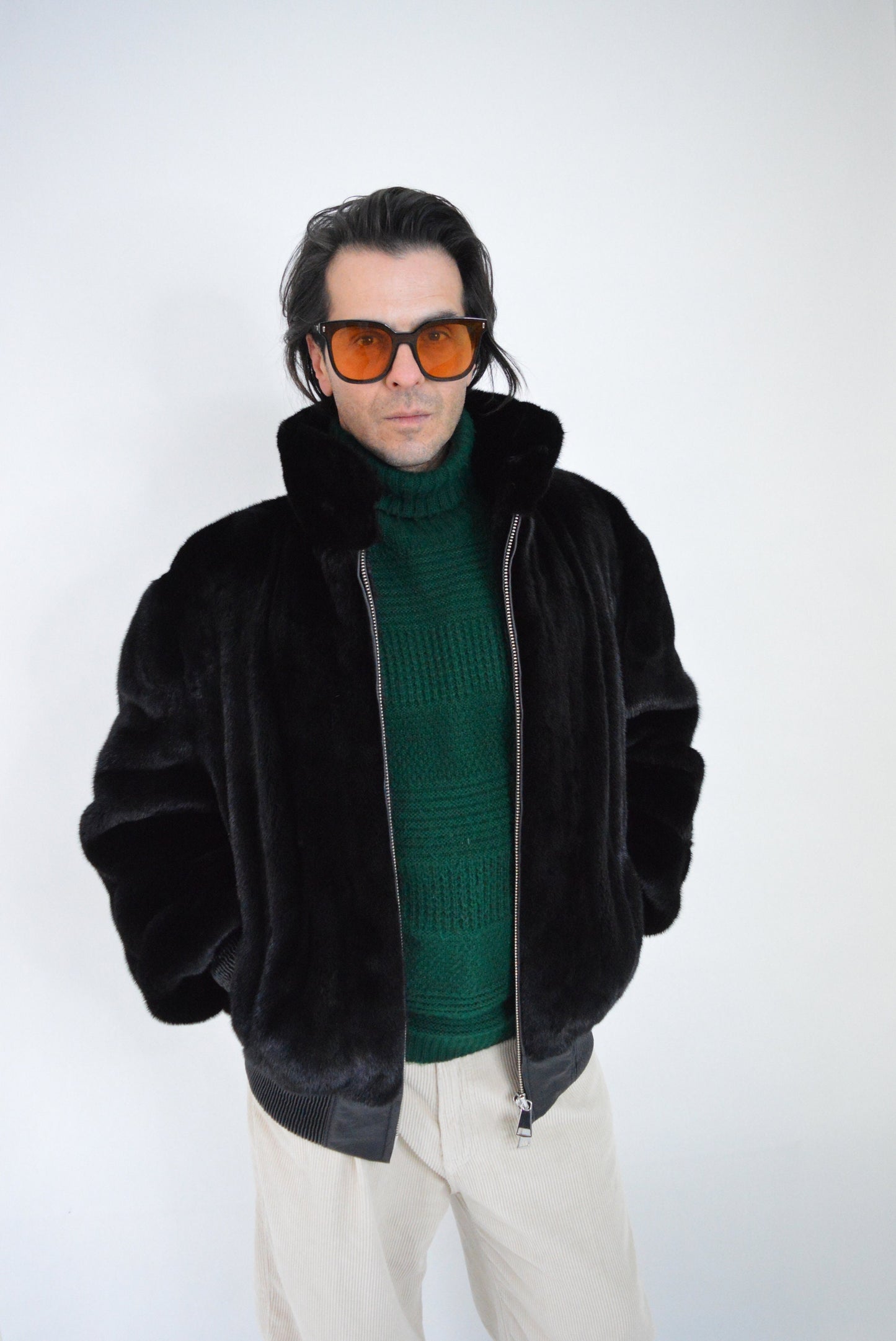 Velvet Mink Bomber Jacket: Black Saga velvet for men with Leather Details