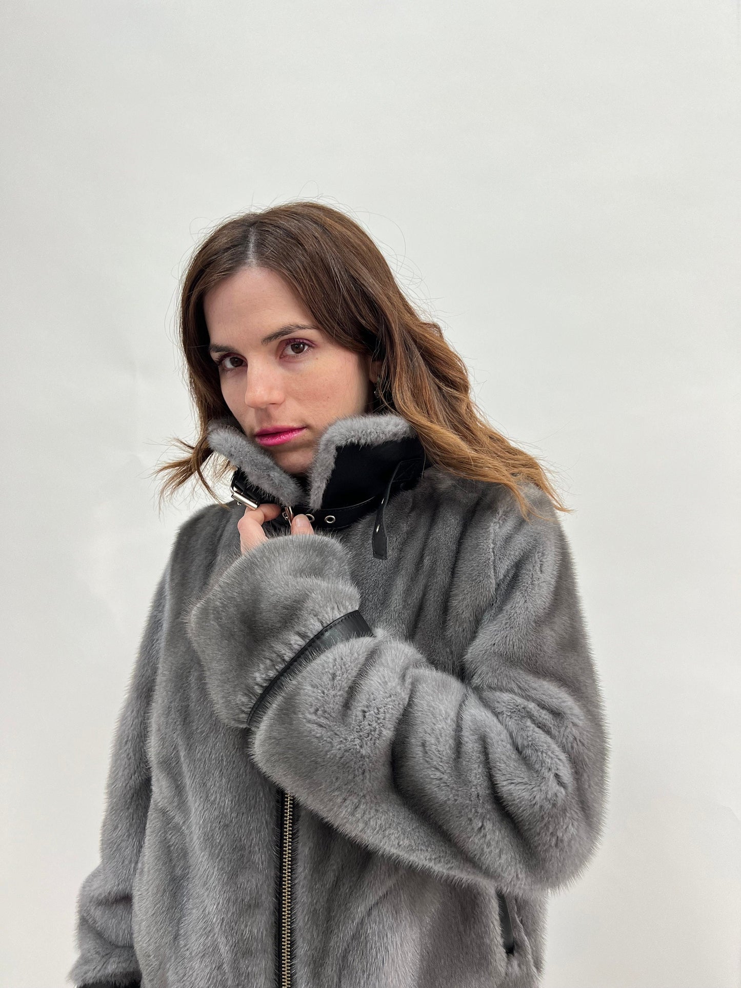 Silver Blue Mink Fur Biker Jacket with Leather Details