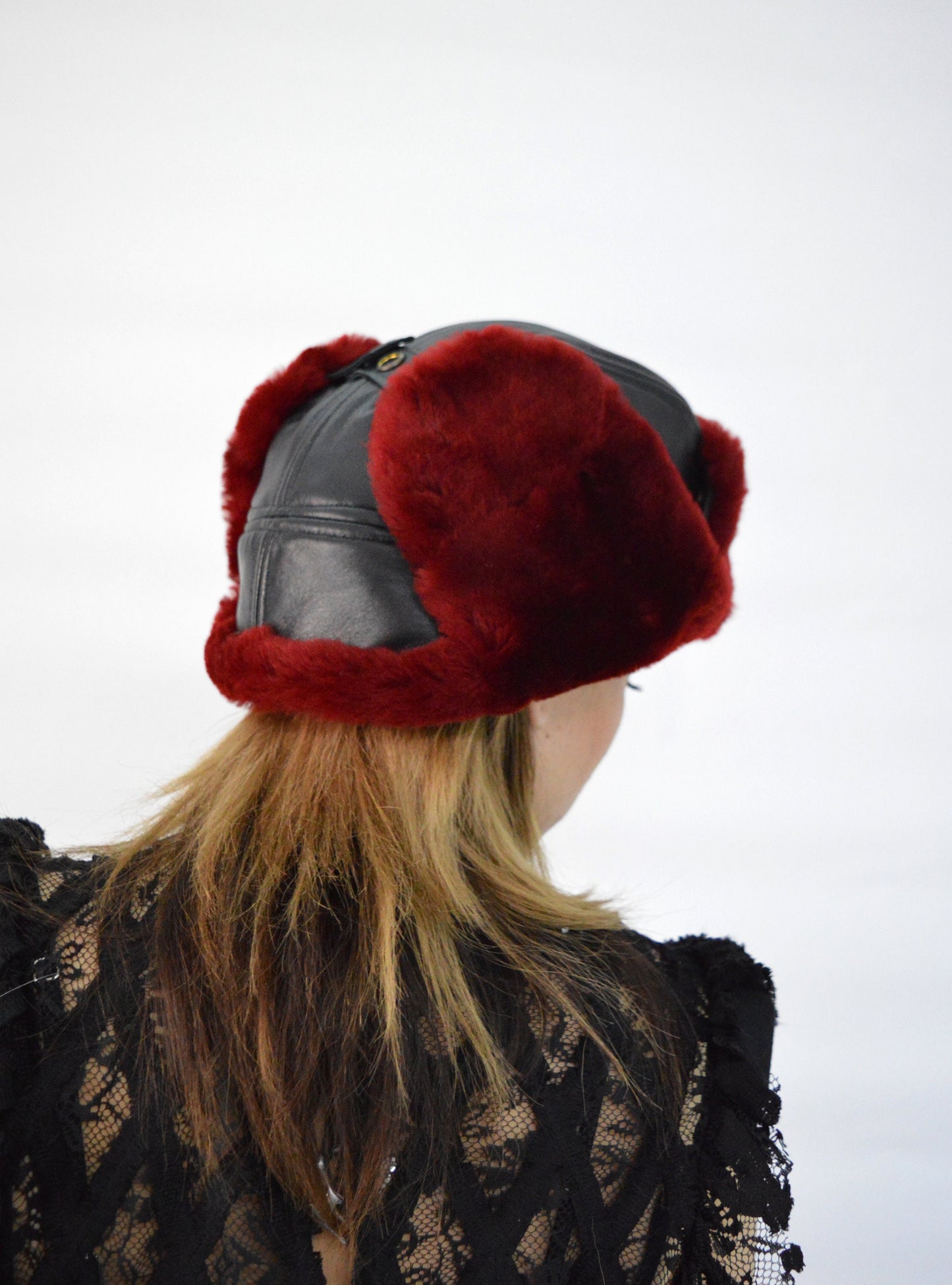 Shearling Fur Trapper Hat: Cream & Bordeaux Sheepskin Aviator Style