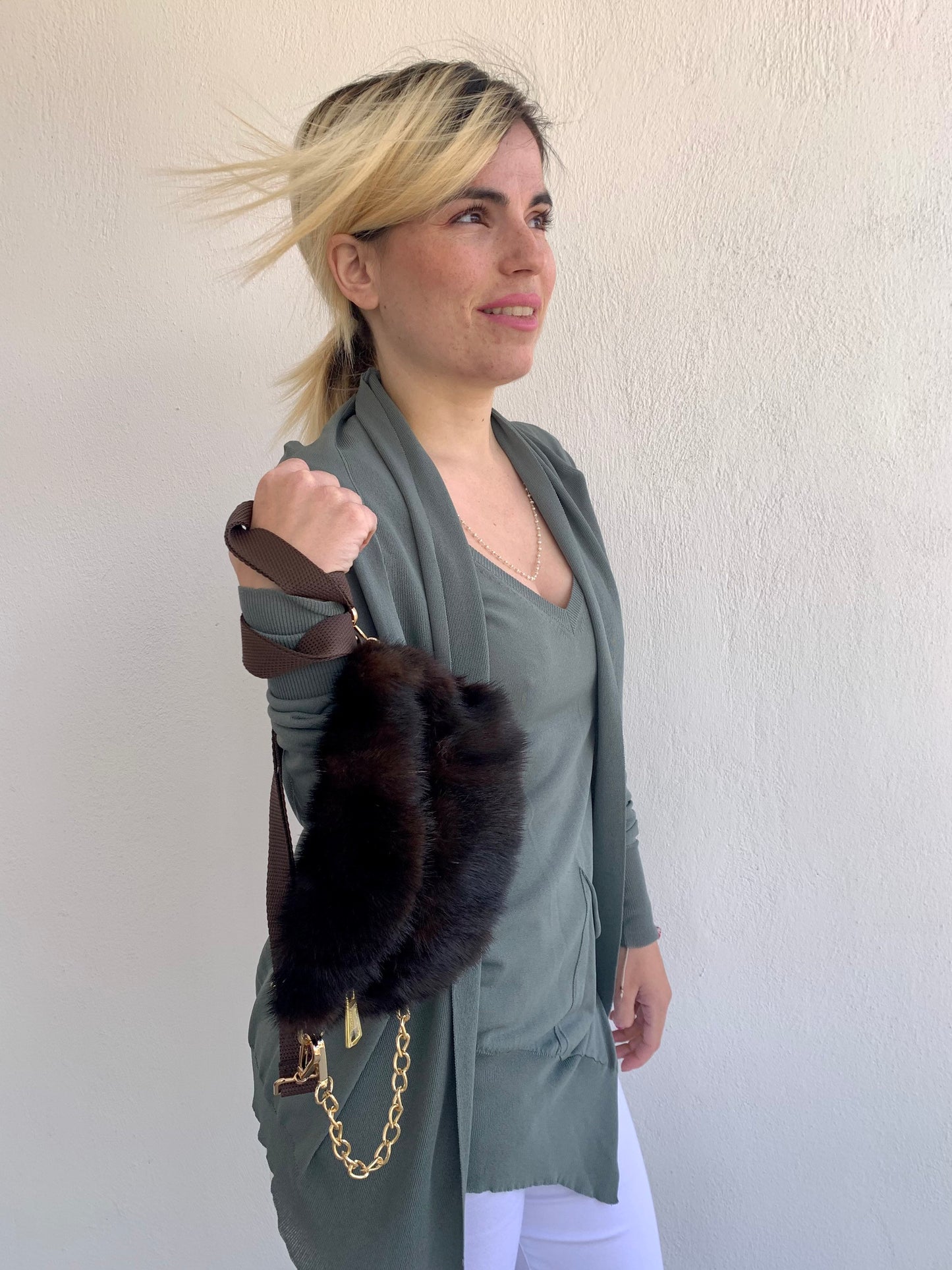 Real Mink Fur Bumbag: Brown Fanny Pack with Chain