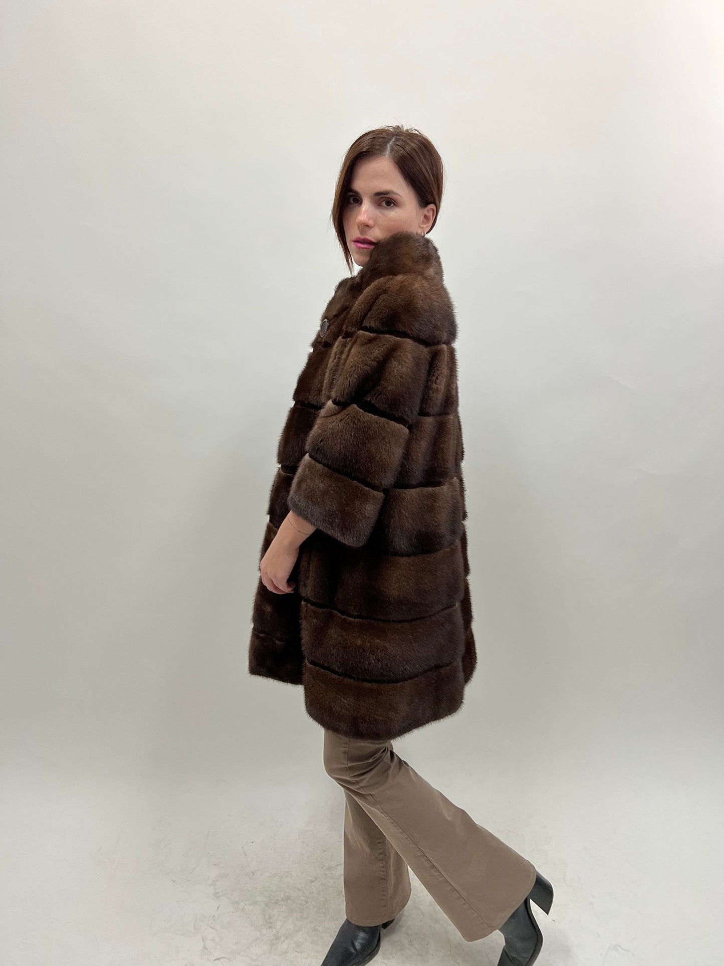 Saga Mink Fur Coat: Brown Sheared Trim, Handmade in Greece