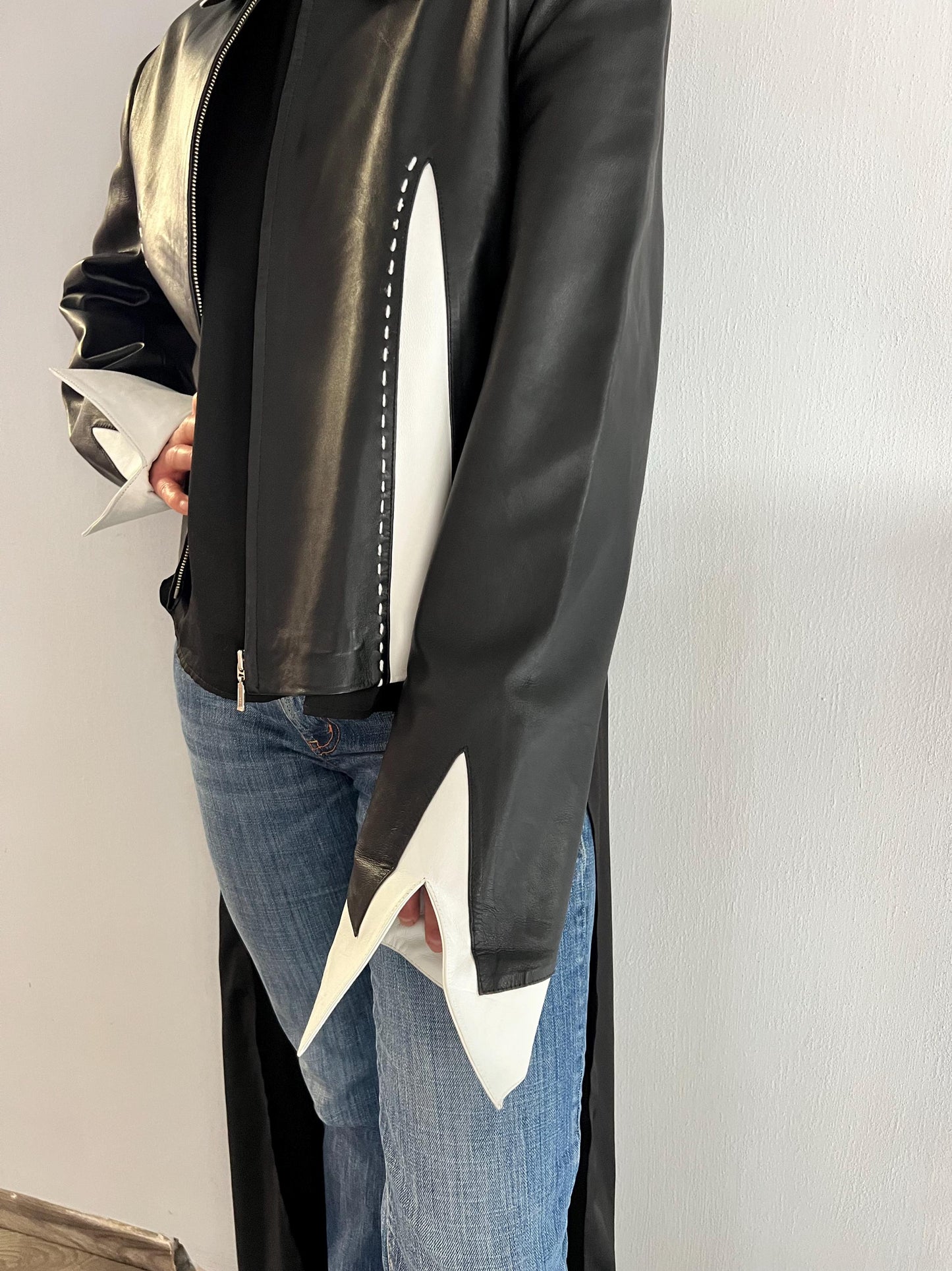Handmade Lambskin buttery Leather Jacket: Black & White Nappa, Medium