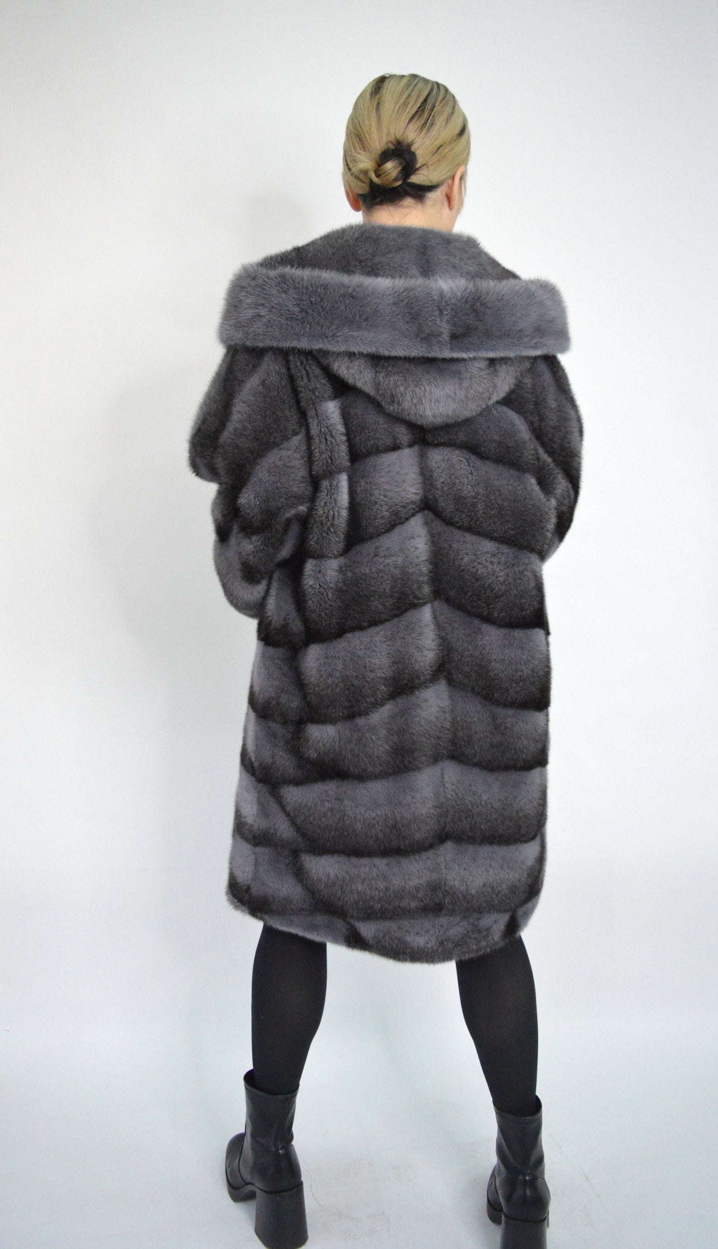 Gray Mink Fur Kimono Coat: Hooded Black Cross Dyed Stroller,oversized with Leather Belt