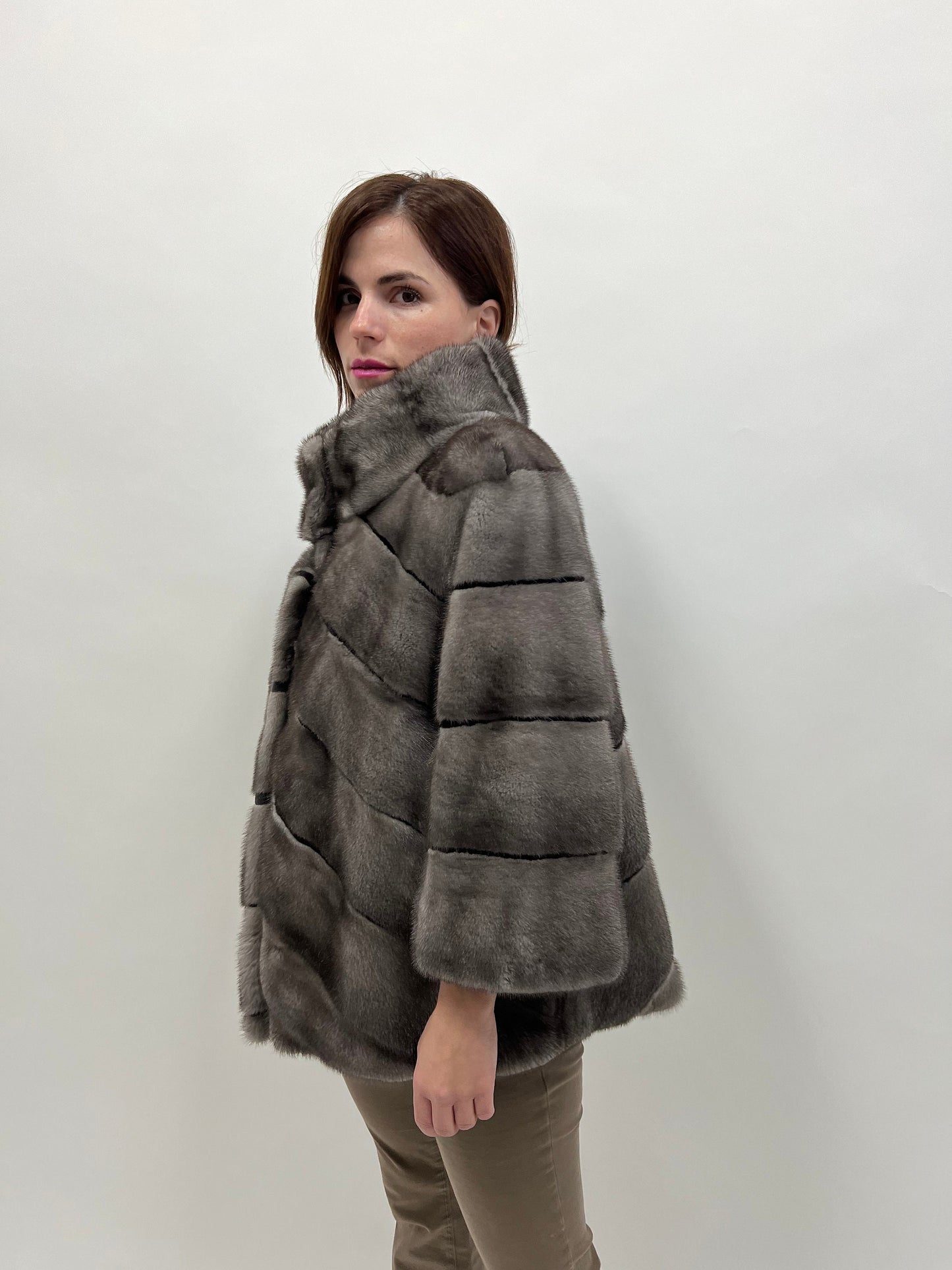 Blue Iris Mink Fur Coat with Sheared Black Stripes