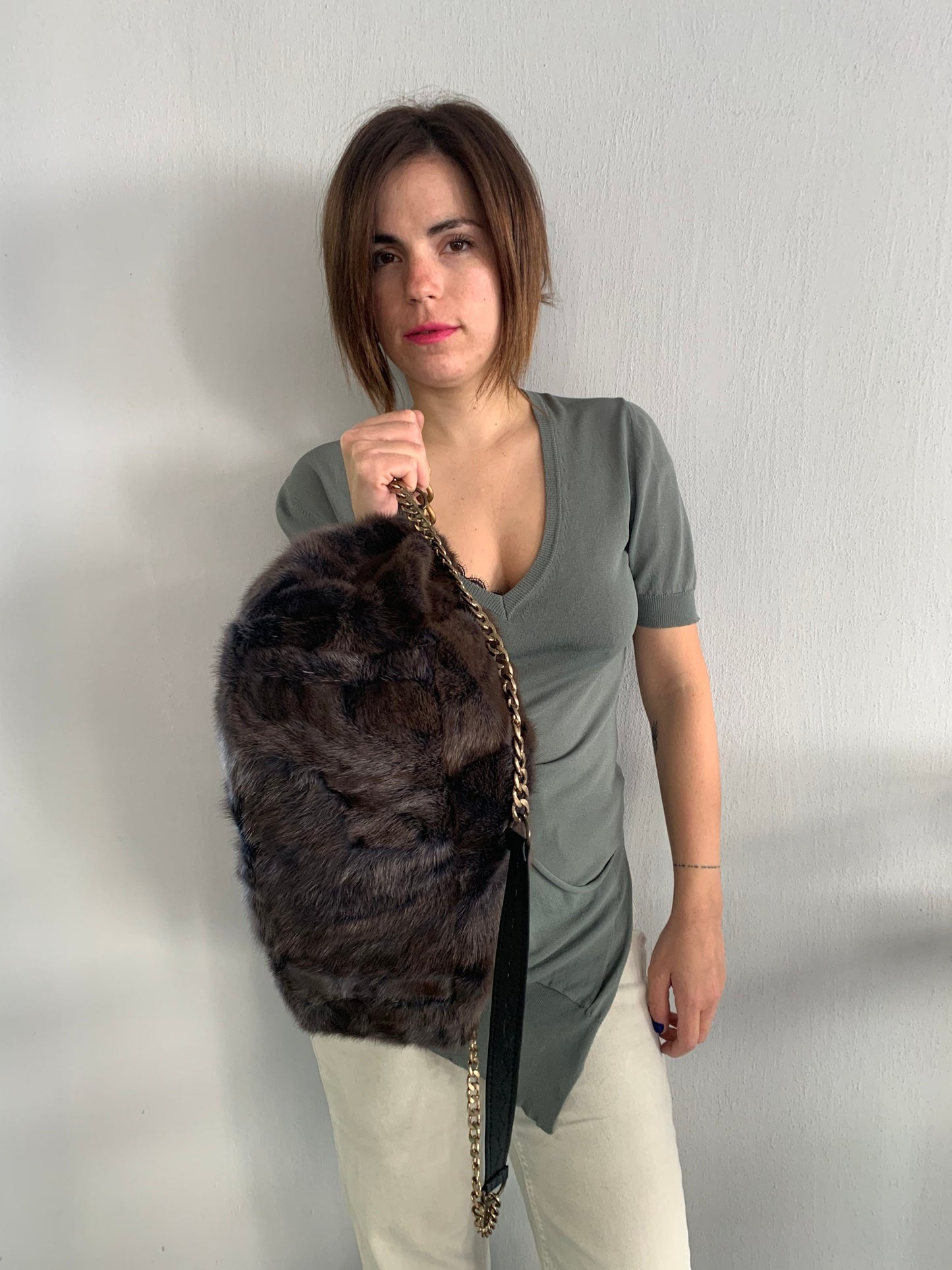 Handmade Mink Fur Shoulder Bag: Brownish Grey Slouchy Pouch with Bronze Straps