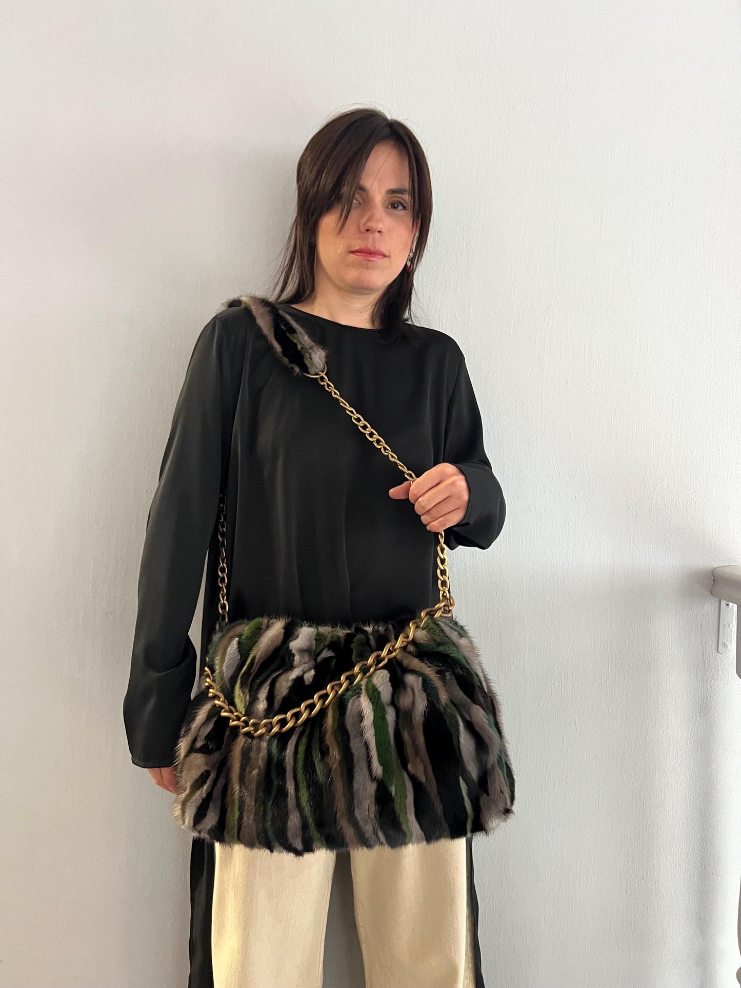 Handmade Mink Fur Slouchy Shoulder Bag: Luxury Cross-body Purse in army shades.