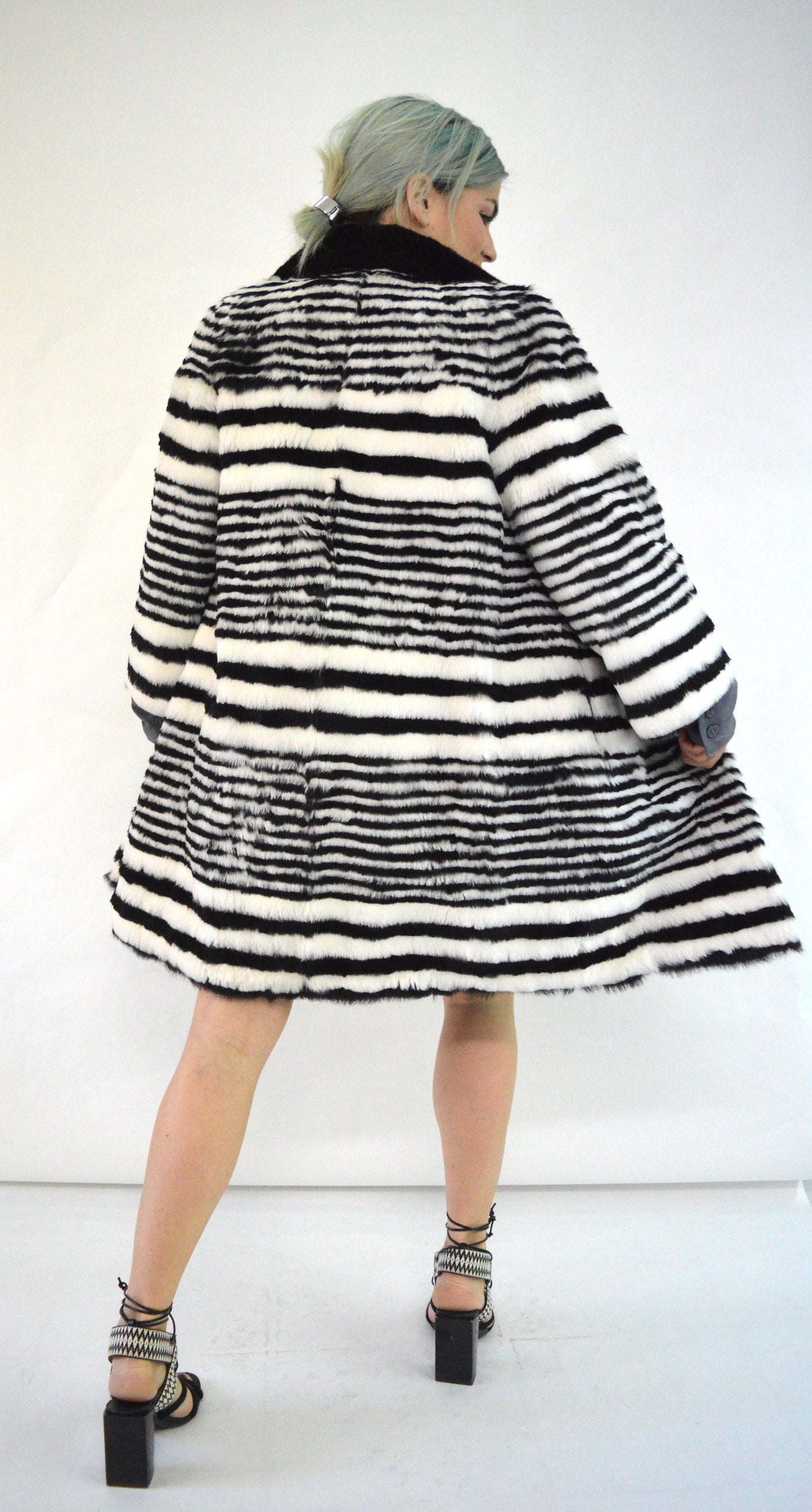 Black & White Rabbit Fur Coat: Mink Collar, Luxury Winter Coat