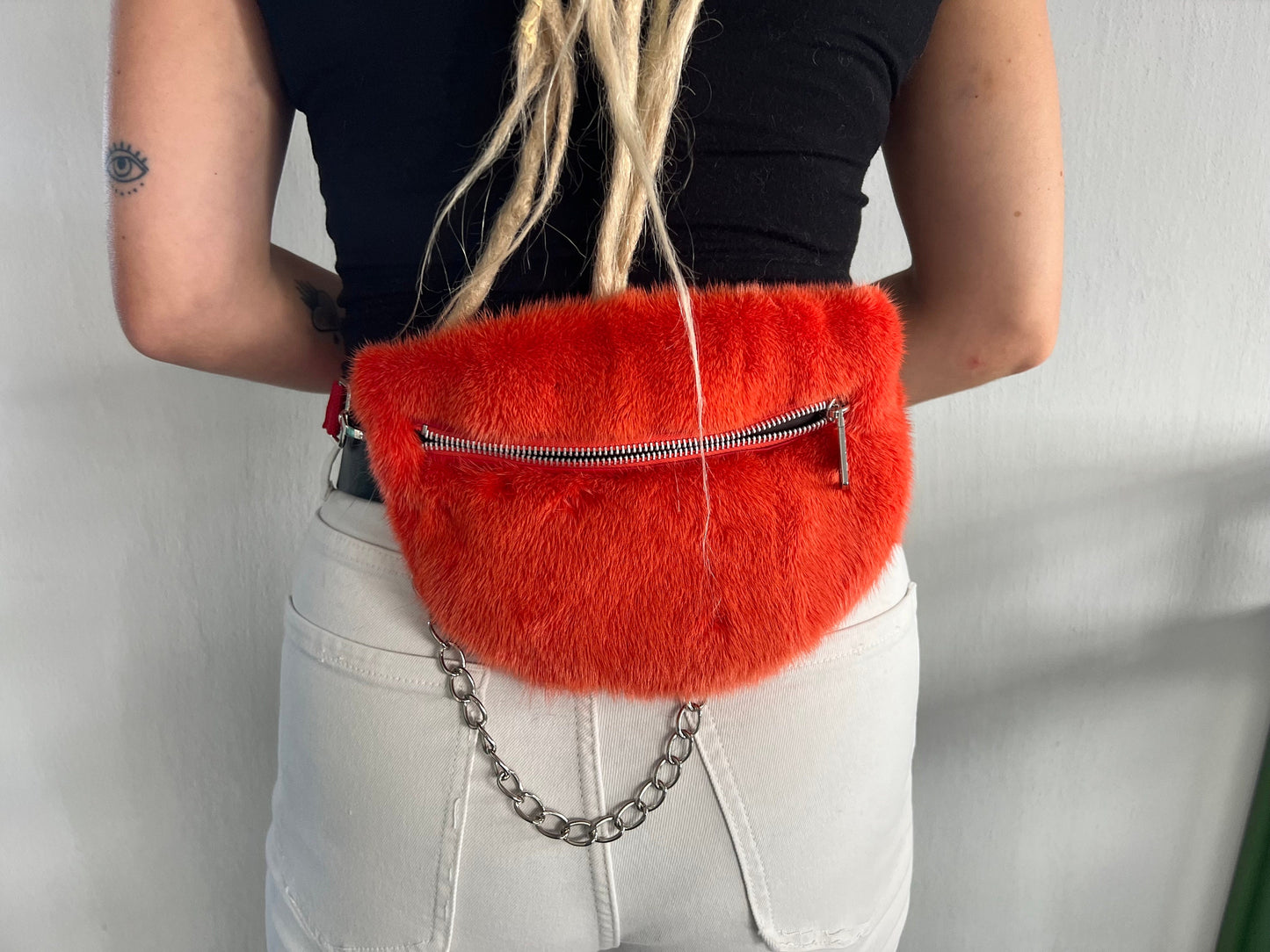 Orange Mink Fur Bumbag with Chain Strap: Luxury Fanny Pack