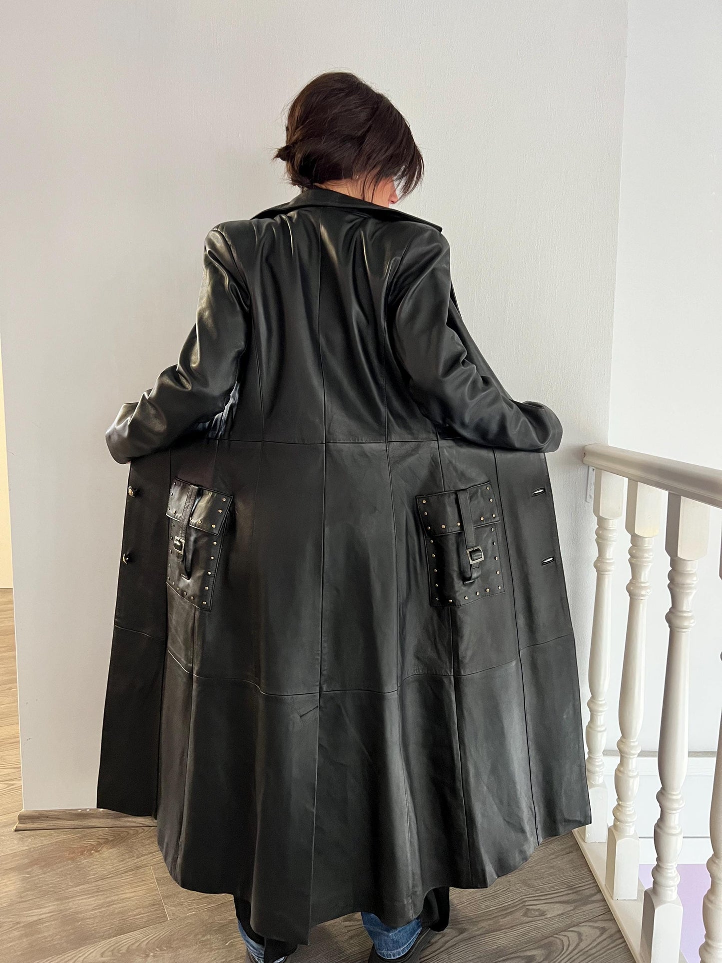 Handmade Nappa Leather Coat: Full Length Black Belted Overcoat