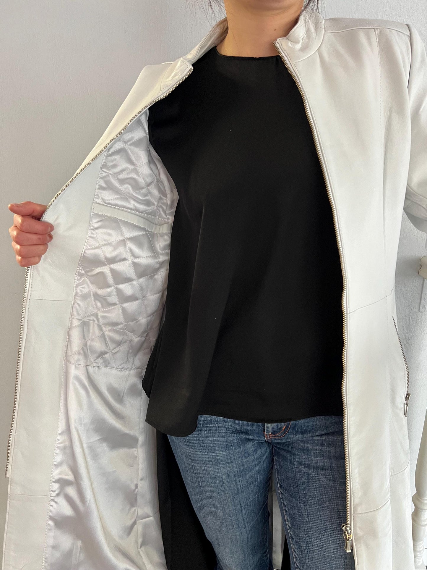 White Nappa Lambskin Leather Coat - Handmade Belted Zip Front