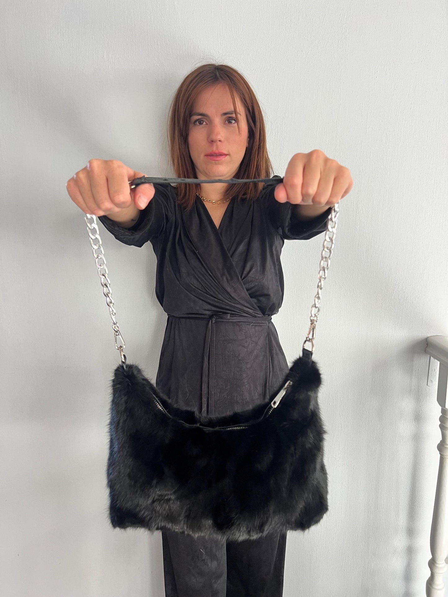 Black Mink Fur Tote Bag: Leather & Chain Detail, Handmade