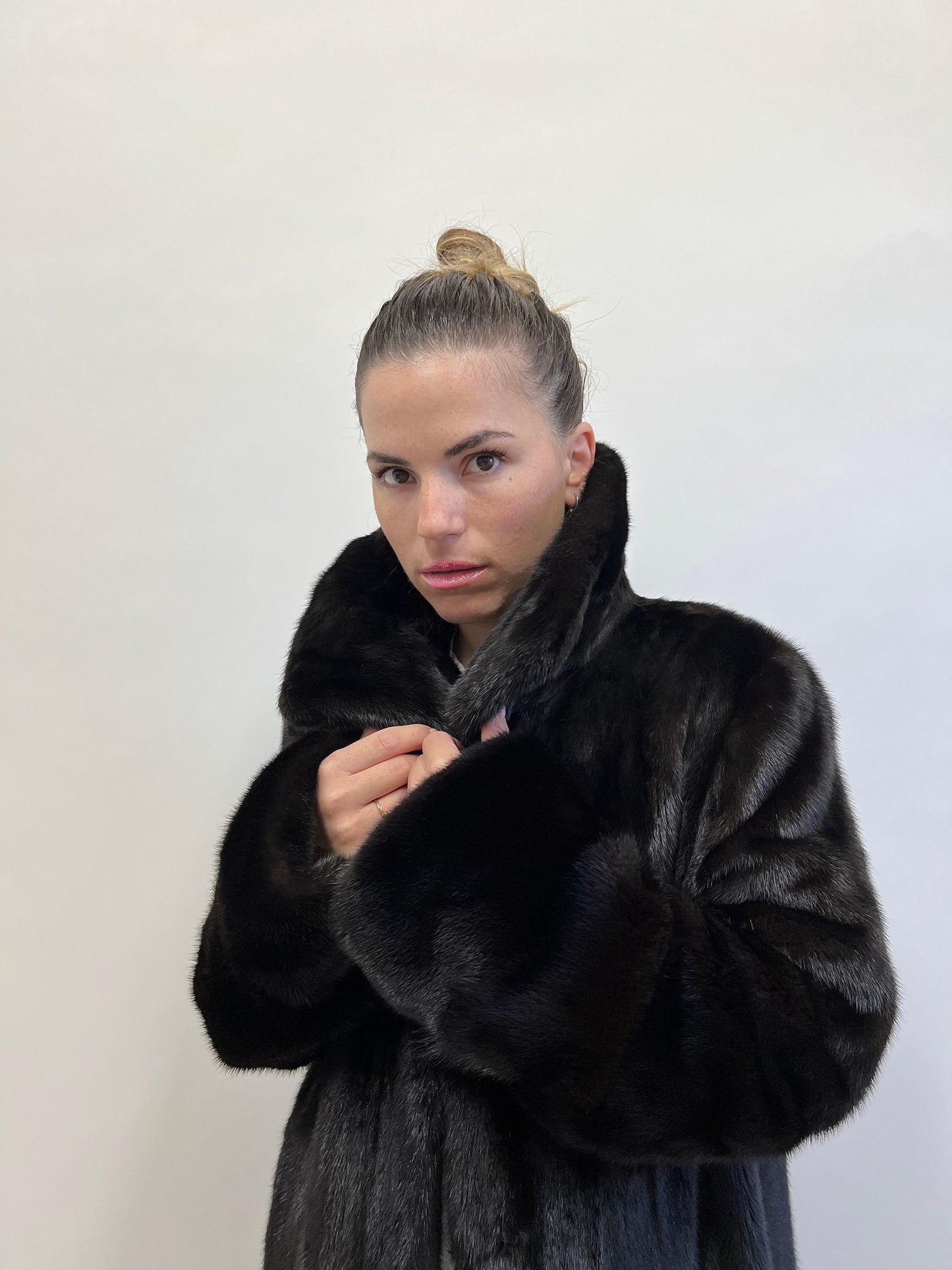 Handmade Black Mink Fur Long Coat: Luxury Godet Style