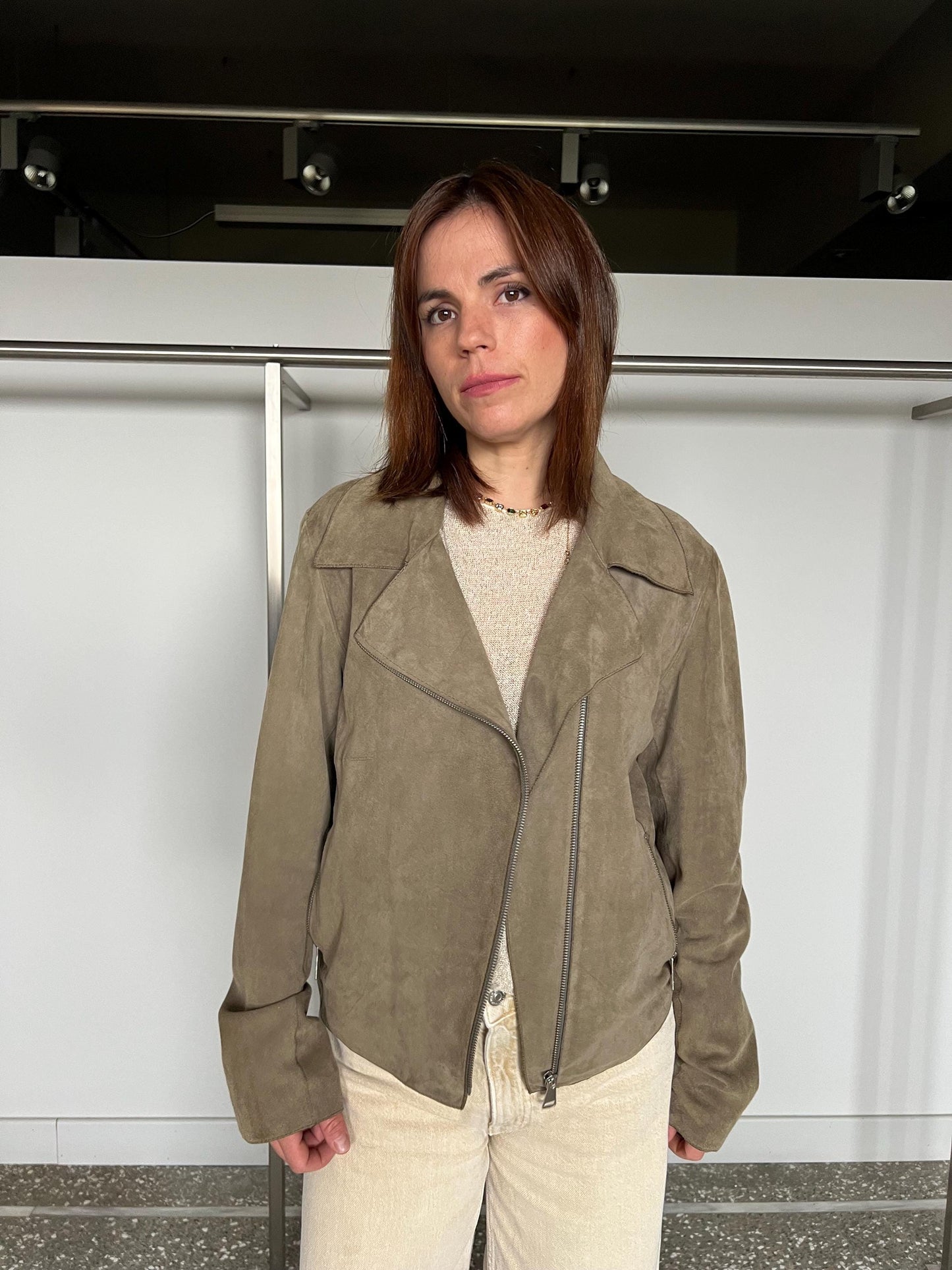 Grey olive suede leather biker jacket . Light genuinely leather: Handmade blazer with pockets .