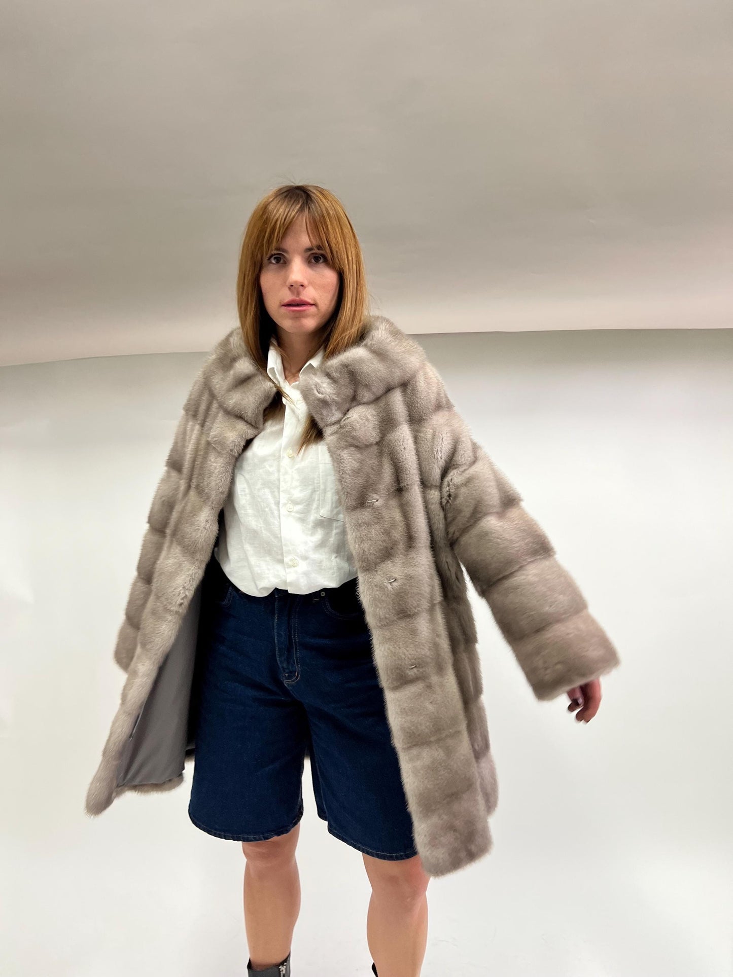 Real Silver Mink Fur Stroller Coat, High Collar - Size Small/Medium