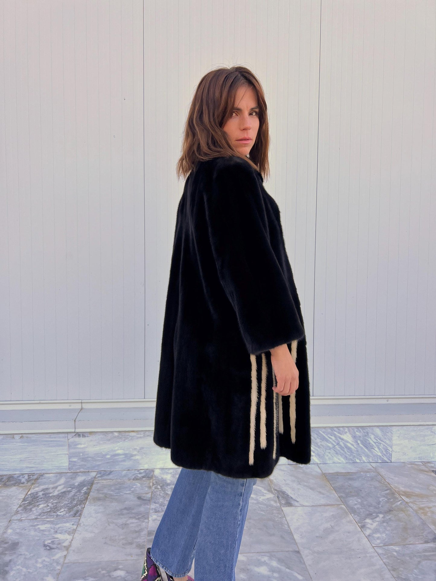 Blackglama Mink Fur Stroller Coat, Intarsia Artisanal Design, Medium