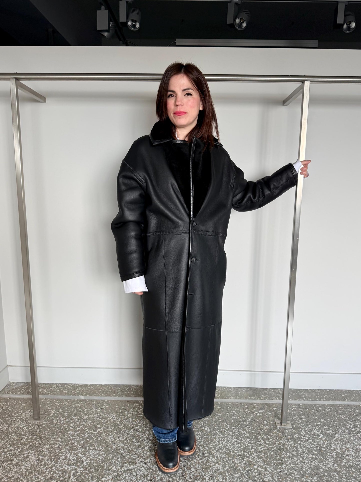 Reversible Black Shearling Fur coat :Extremely warm Sheepskin long Coat with genuine leather.