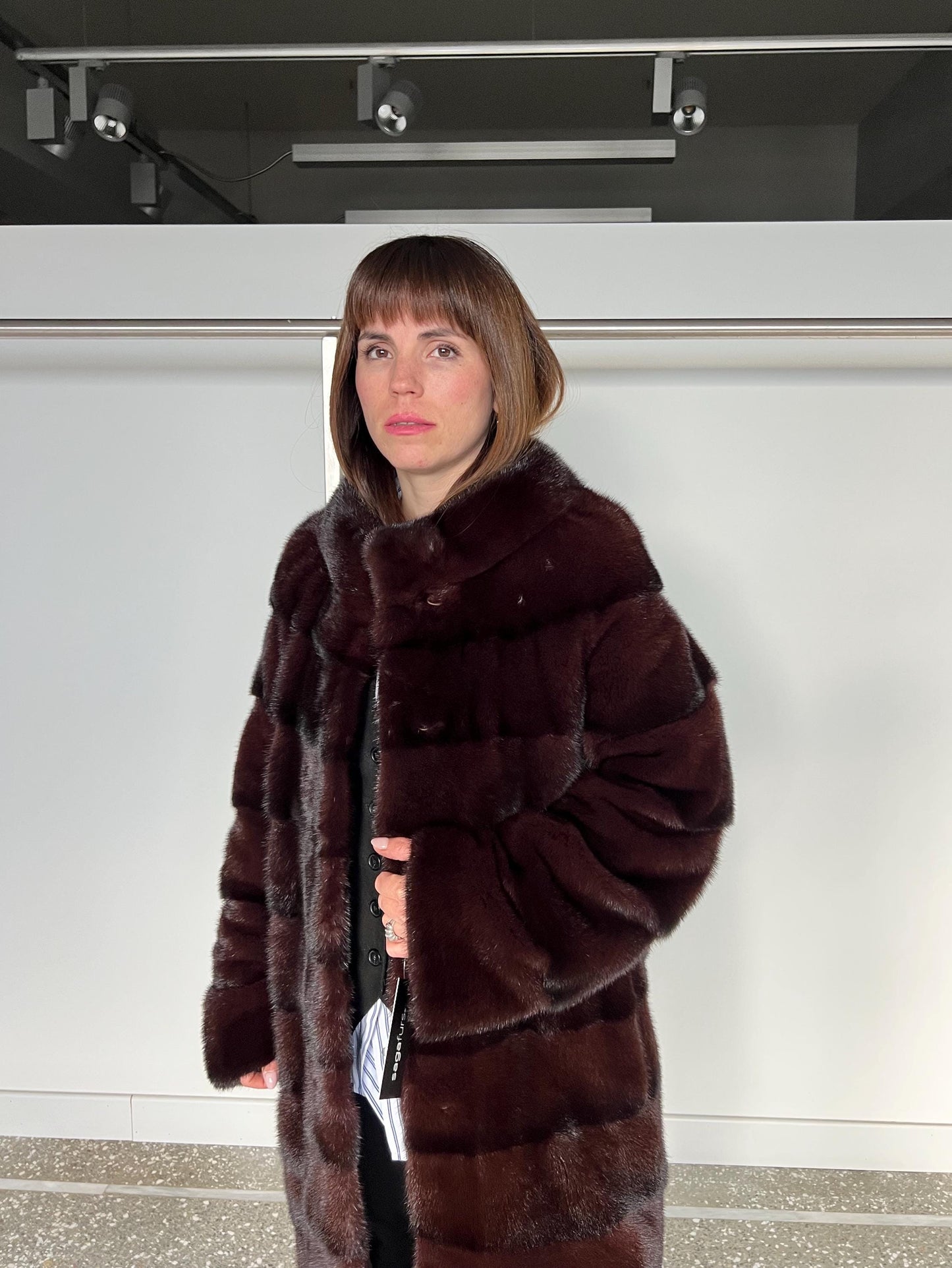 Burgundy Mink Fur Coat - Saga Quality, Edgy Stand Up Collar
