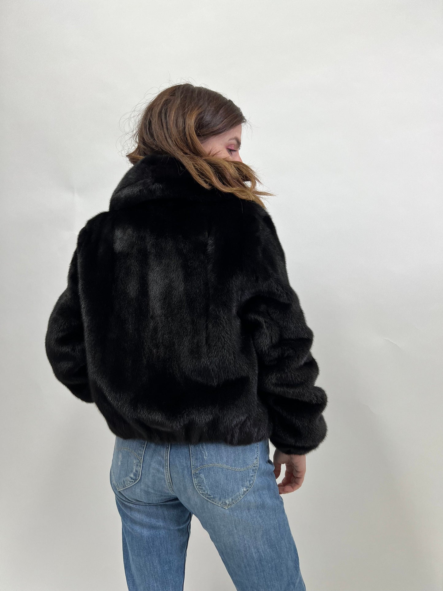 Real Mink Fur Velvet Bomber Jacket - Black, Big Collar